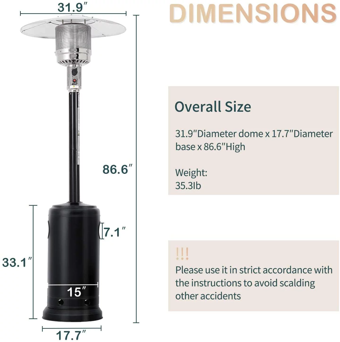 SUNCROWN 48,000 BTU Patio Propane Heater Outdoor Freestanding Heater with Wheels, Black