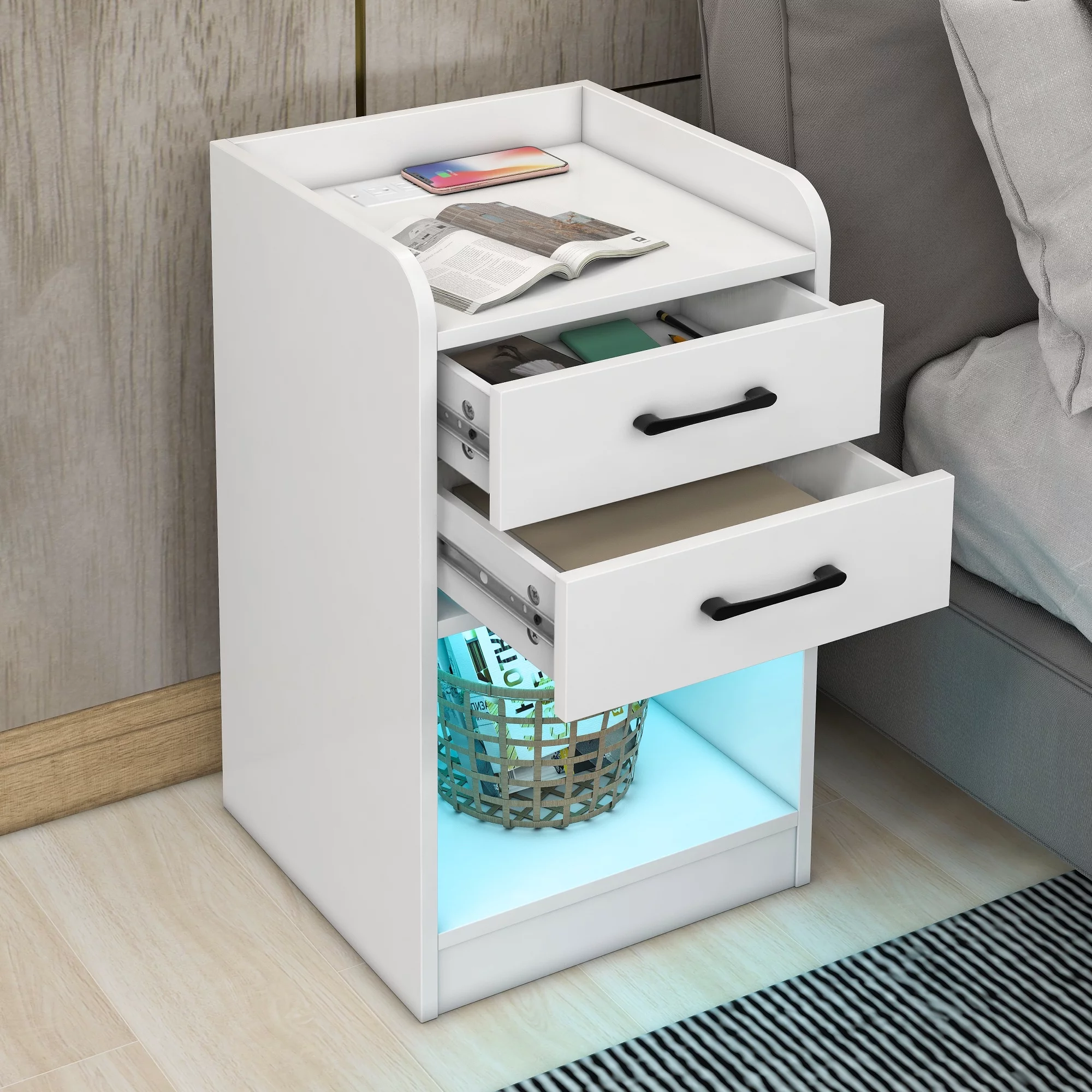 Seizeen White Nightstand with Wireless Charging Station, Modern End Side Table with Remote Control LED Lights, 2 Drawers and Cabinet, Nightstand Storage Cabinet for Bedroom, L0058