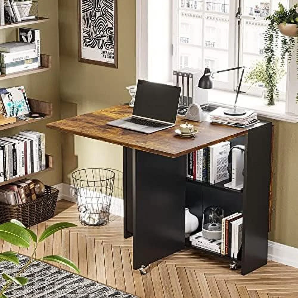 FDSHOIYN Folding Dining Table with 6 Wheels  Drop Leaf Tables for Small Spaces  Foldable 2-Layer  Rack  Kitchen Table  Rustic Brown and Black