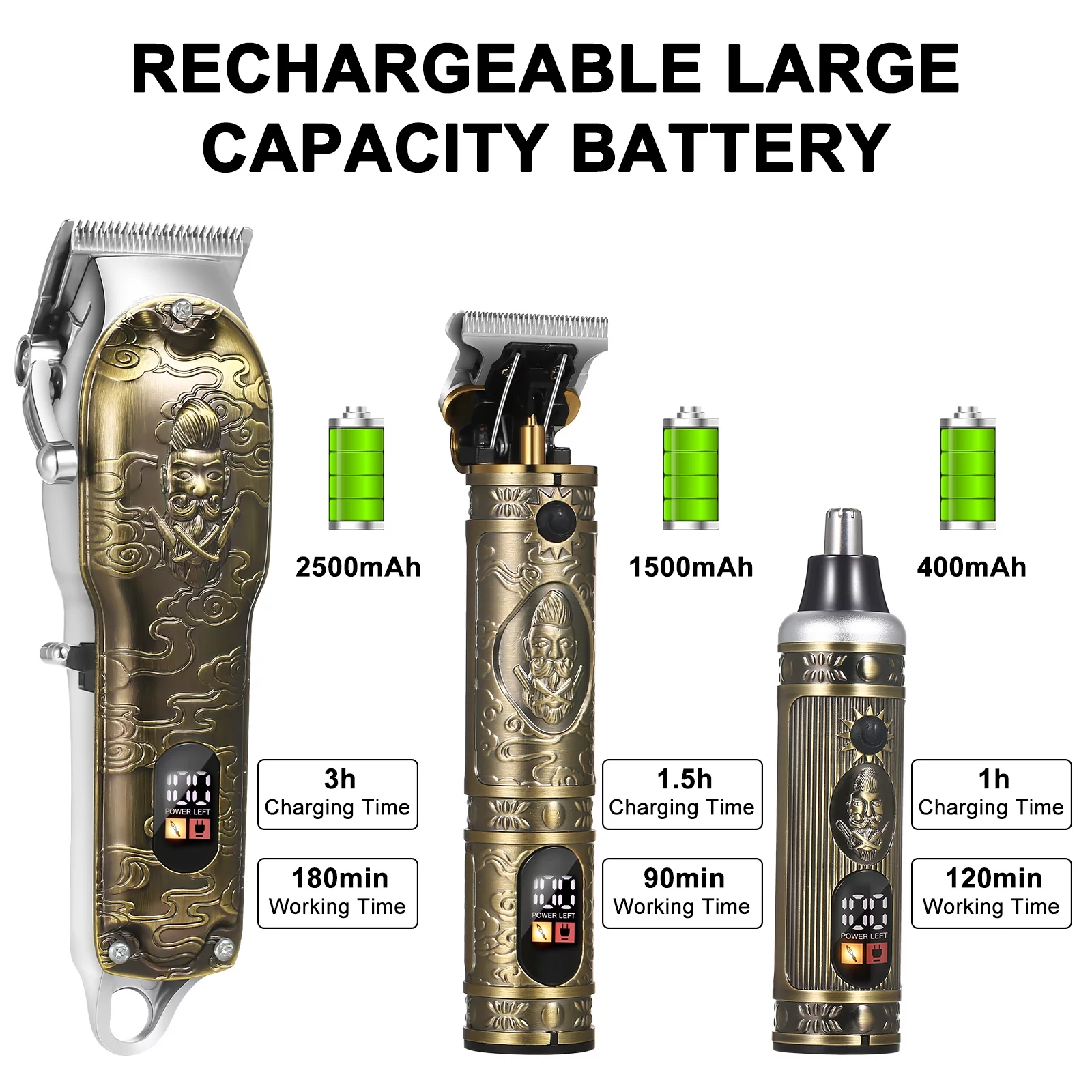 Bestauty 3 in 1 Full Metal Oil Head Hair Clippers Digital Display Electric Hair Trimmer Sculpting Pusher Nose Hair Set