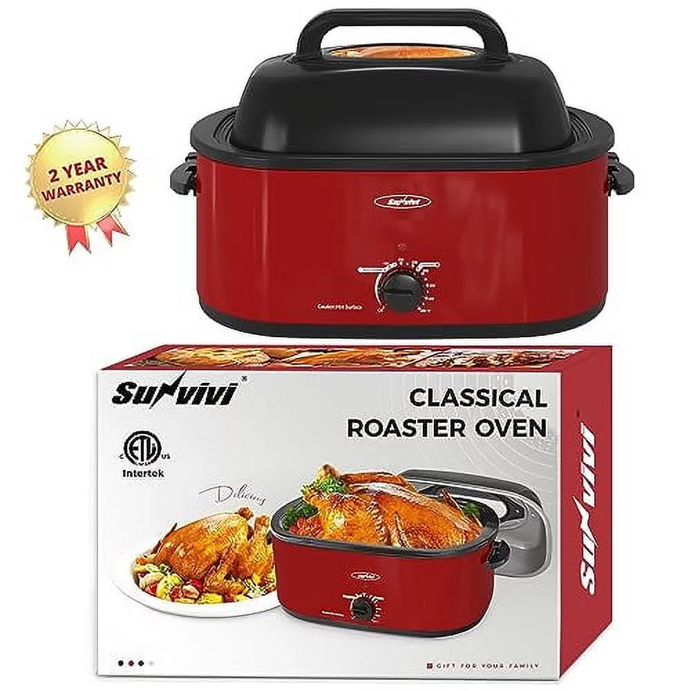 Sunvivi 22 Quart Electric Turkey Roaster Oven with Visible Glass Lid,Removable Pan & Rack, Stainless Steel,Red