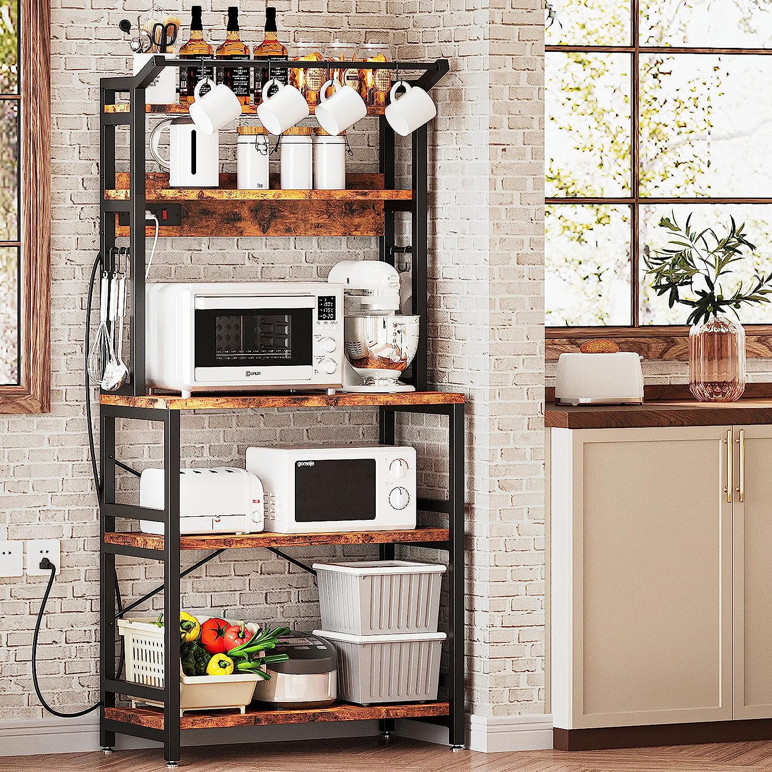 IRONCK Bakers Rack with Power Outlet, Microwave Stand with Storage, Coffee bar with 9 Hooks, 5 Tier Large Storage Capacity and Strong Metal Material for Kitchen, Vintage Brown Easy to Assemble