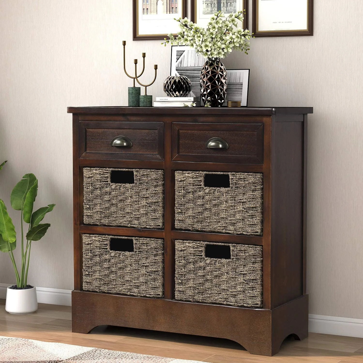 Rustic Storage Cabinet, Accent Storage Cabinet with 2 Drawers and 4 Classic Fabric Basket for Kitchen/Entryway/Living Room, Espresso