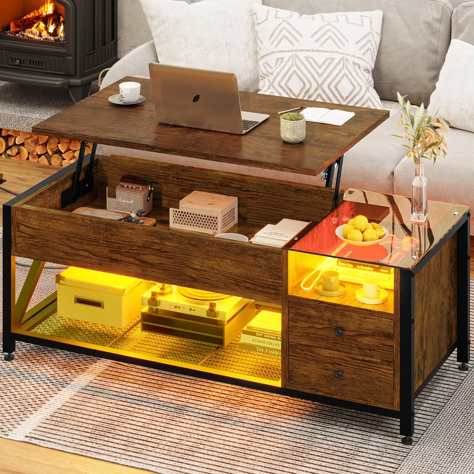 Lift Top Coffee Table with Power Outlets & LED Strip, 43.3” Coffee Table with Glass for Living Room, Rustic Brown