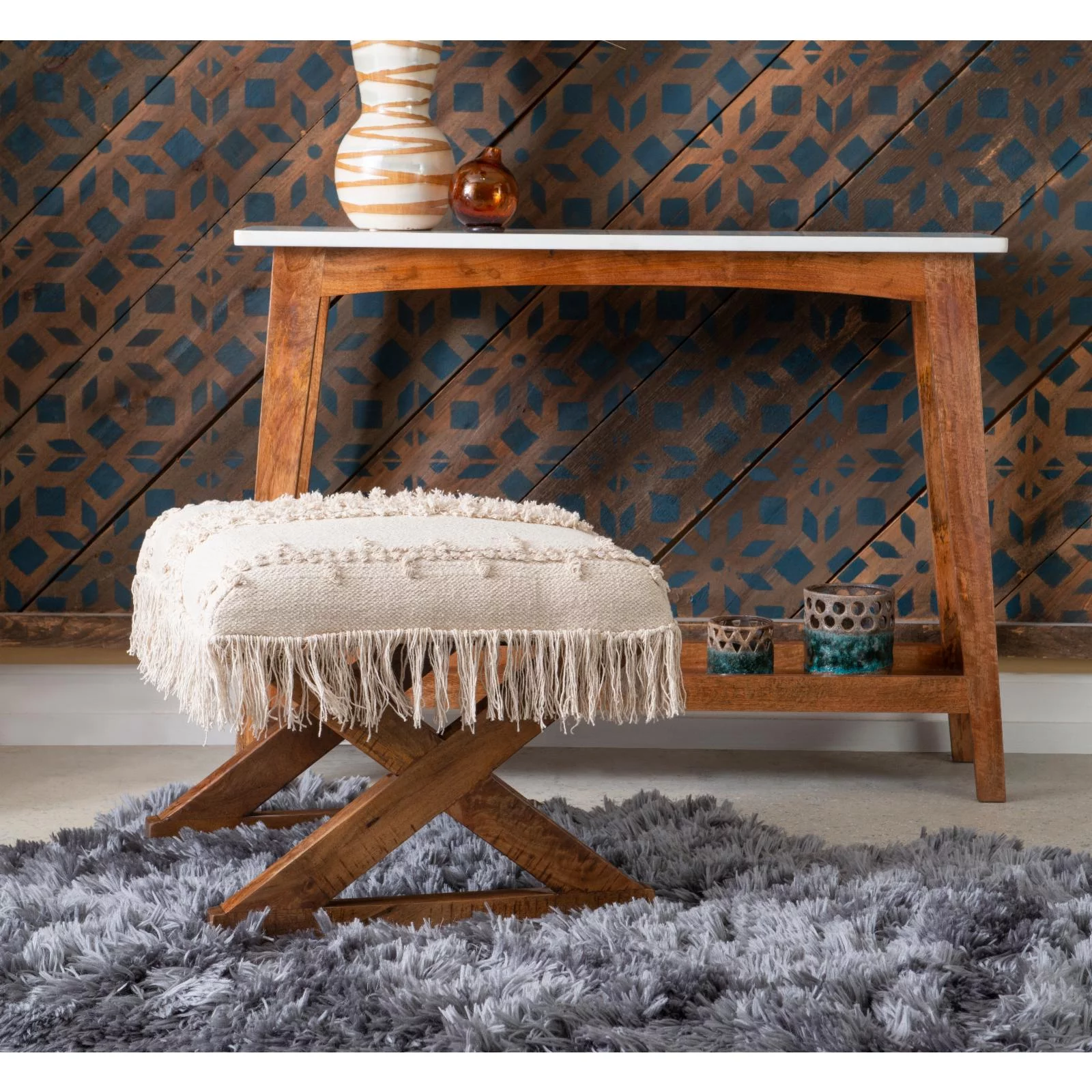 Powell Tarragon Pouf Top  Bench - Brown with Off-White