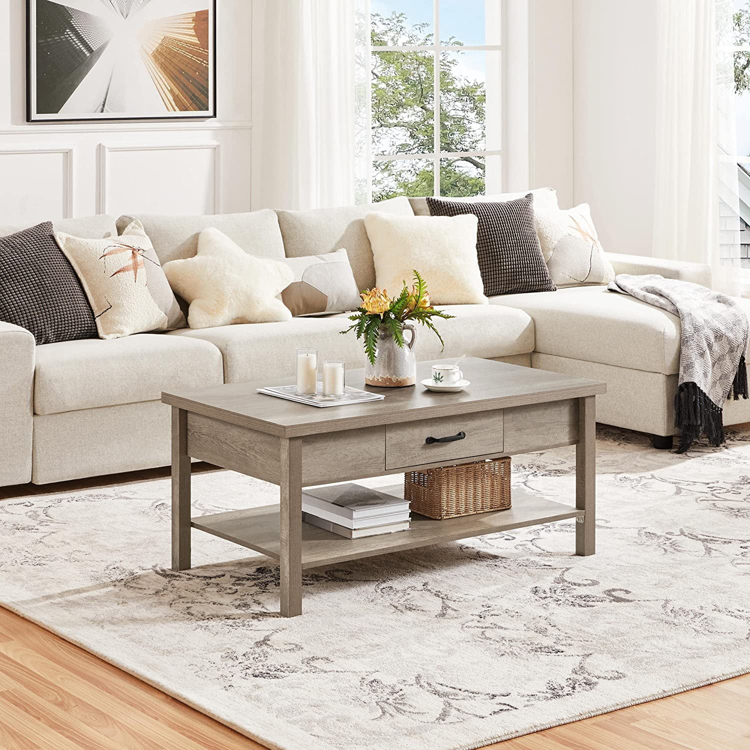 TJUNBOLIFE Lift Top Coffee Table  43in Coffee Table with Drawer and Hidden Compartment  Modern Coffee Tables for Living Room  Grey