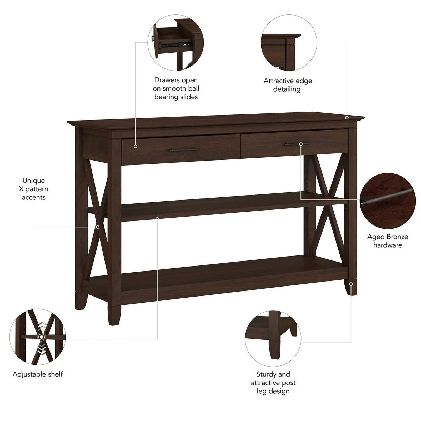 Pemberly Row Engineered Wood Console Table with Drawers and Shelves in Cherry