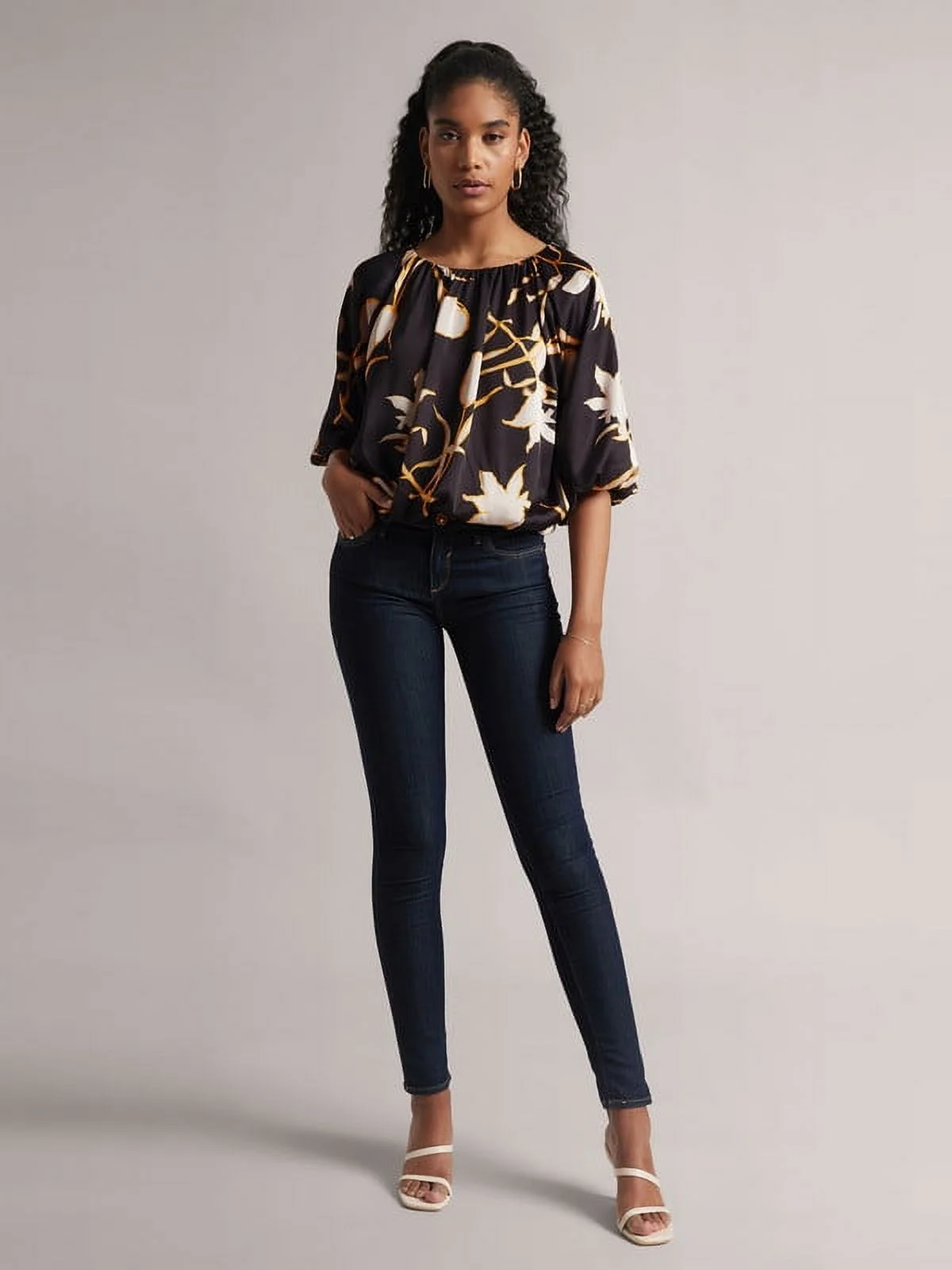 Zaccai Women's Black Satin Abstract Balloon Style Top