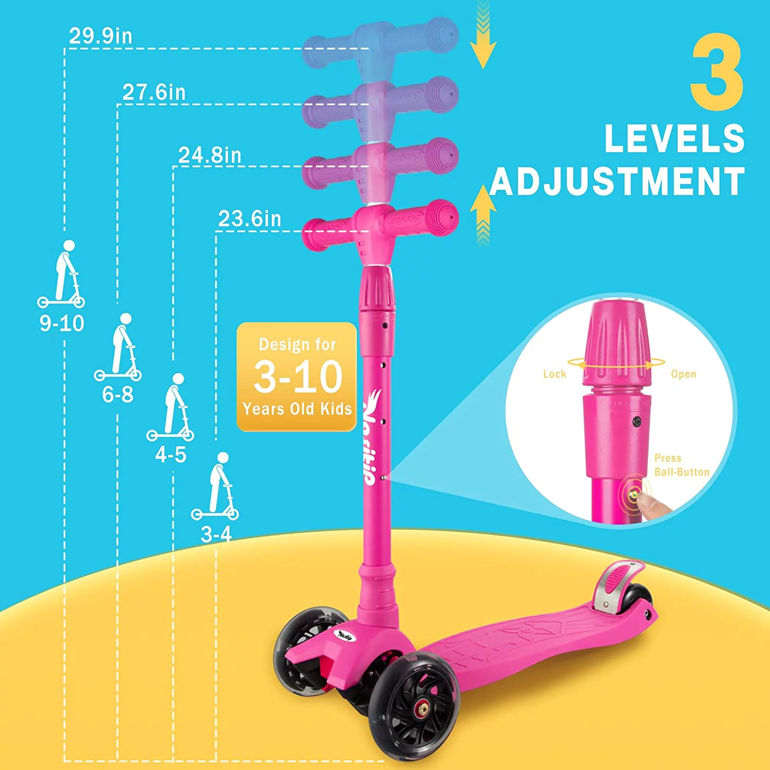 Scooters for Kids Age 3-5, Kick Scooter for Boys Girls Toddlers, 4 Adjustable Height, AEBC-9 Bearing, 3 Light Up Wheels, Lean to Steer, Outdoor Activities for Children from 3 to 12 Years Old