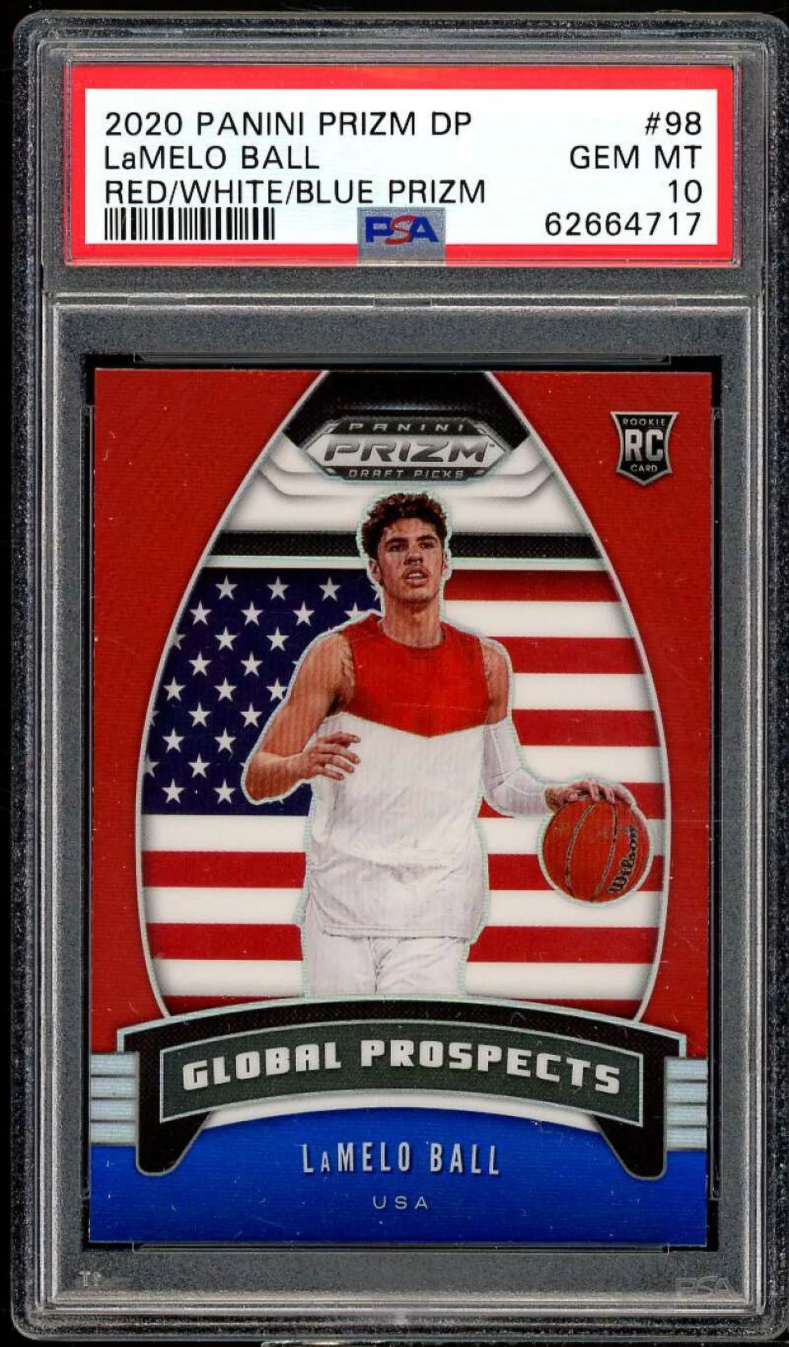 LaMelo Ball Rookie Card 2020-21 Panini Prizm DP Red White Blue Prizm #98 PSA 10