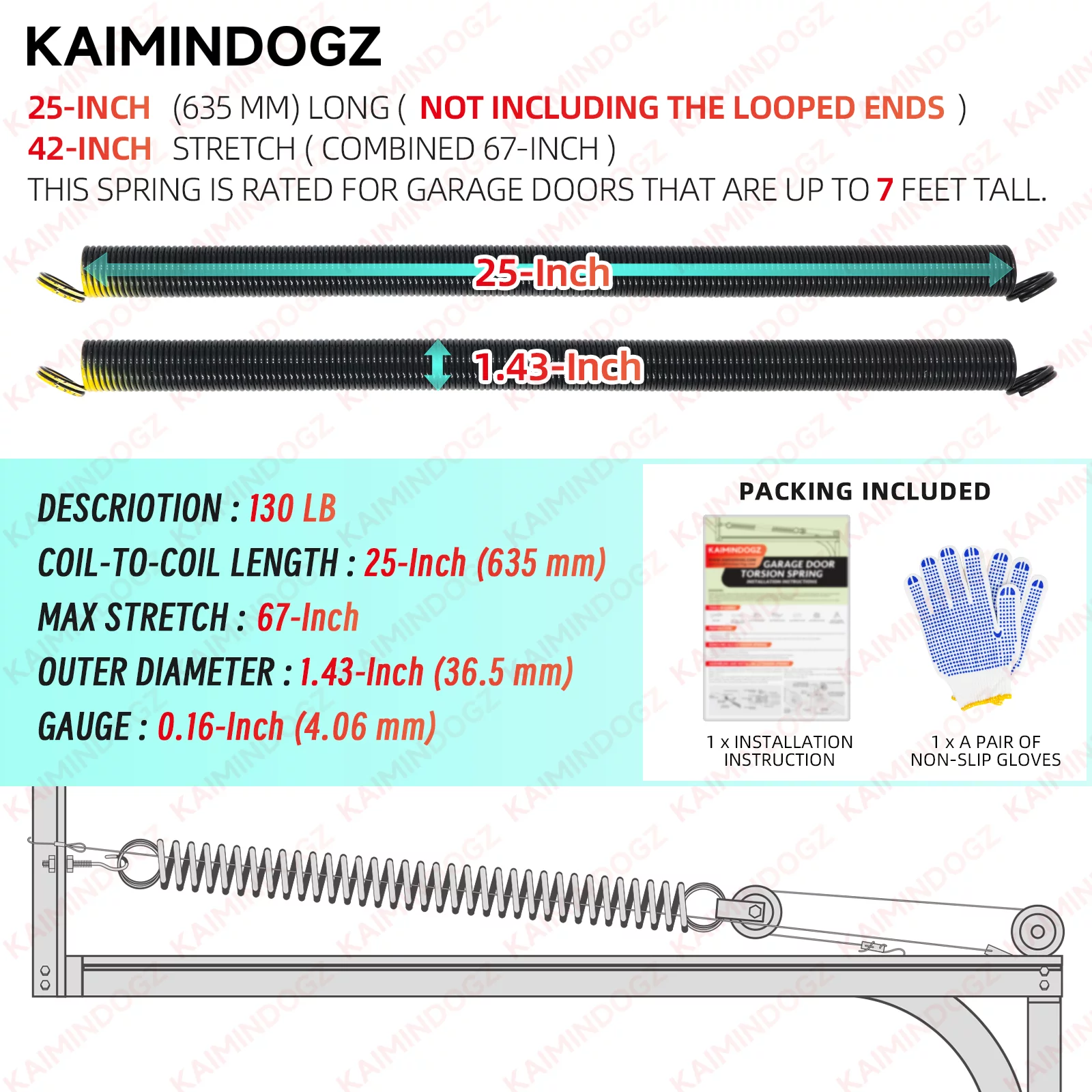 Pair of 130lb. Heavy Duty Garage Door Extension Springs Stretch Springs,25” Long, Double Loop Ends, High Precision Electrophoresis Black Coated,MIN 16,000 Cycles,for 7ft High Garage Doors Replacement
