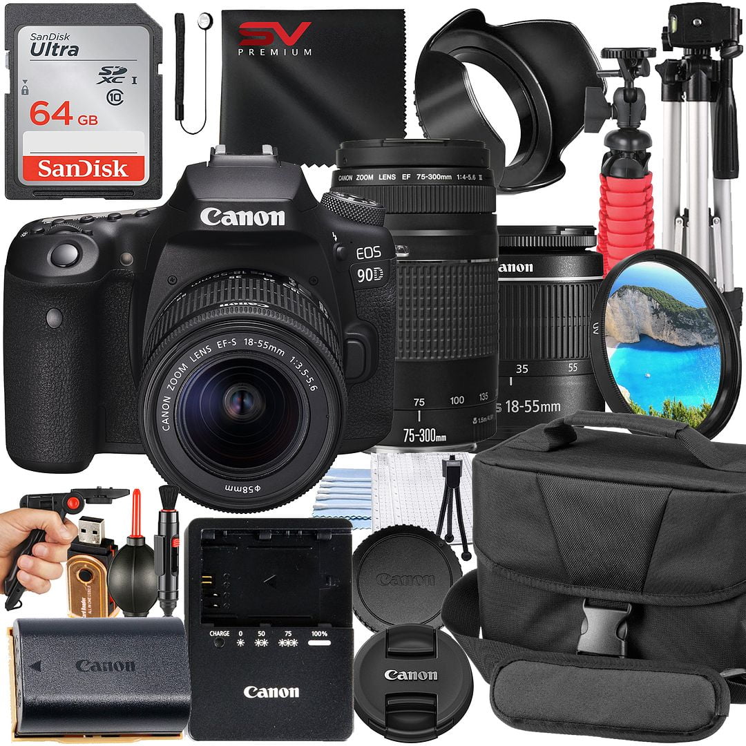 Canon EOS 90D DSLR Camera Bundle with 18-55mm + 75-300mm Zoom Lens + 64GB SanDisk Card + Case + Tripod + SV Premium Accessory