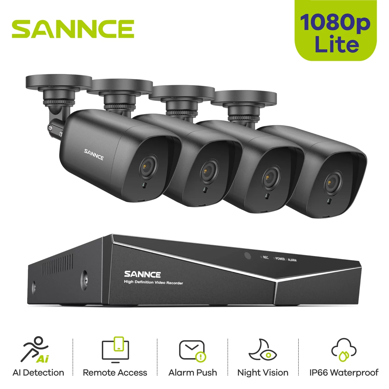 SANNCE 8CH 1080P 5in1 DVR Security Cameras Home Video 4Pcs 2.0MP Night Vision Security Camera System with 0T Hard Drive