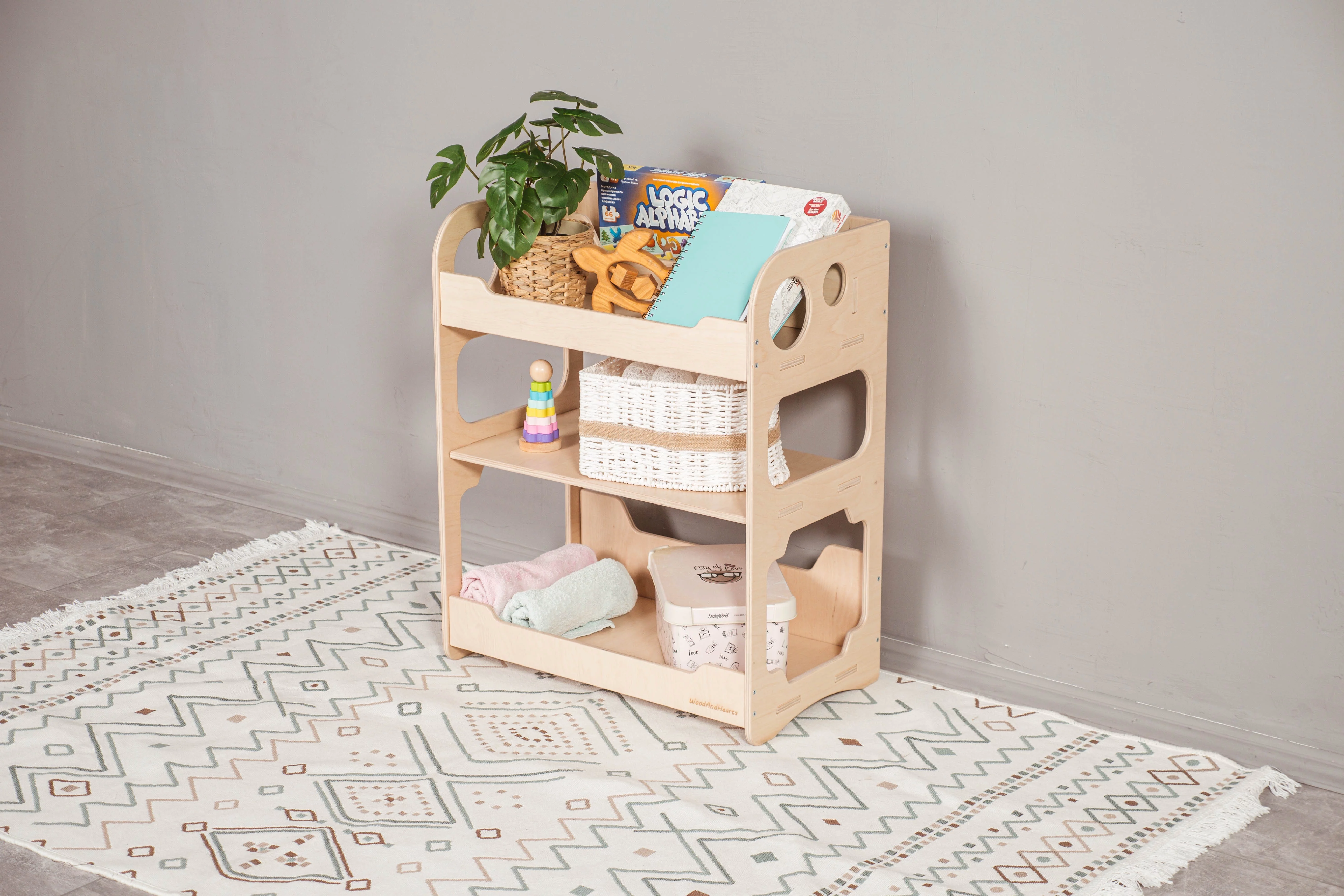 Woodandhearts Montessori Toddler Toy Shelf, Open Bookcase, Storage Unit for Kids, Baby Book Shelf 