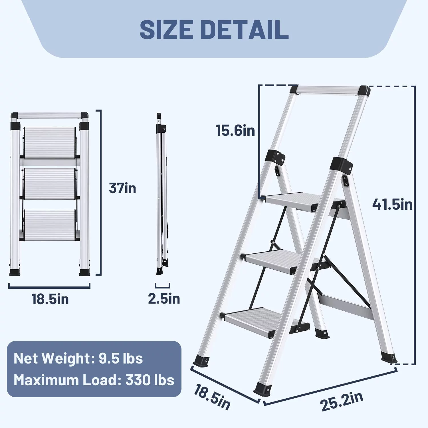 OUWI 3 Step Ladder, Retractable Handgrip Folding Step Stool Ladders with Anti-Slip Wide Pedal, Aluminum 3 Steps, 330lbs Safety Household Ladder