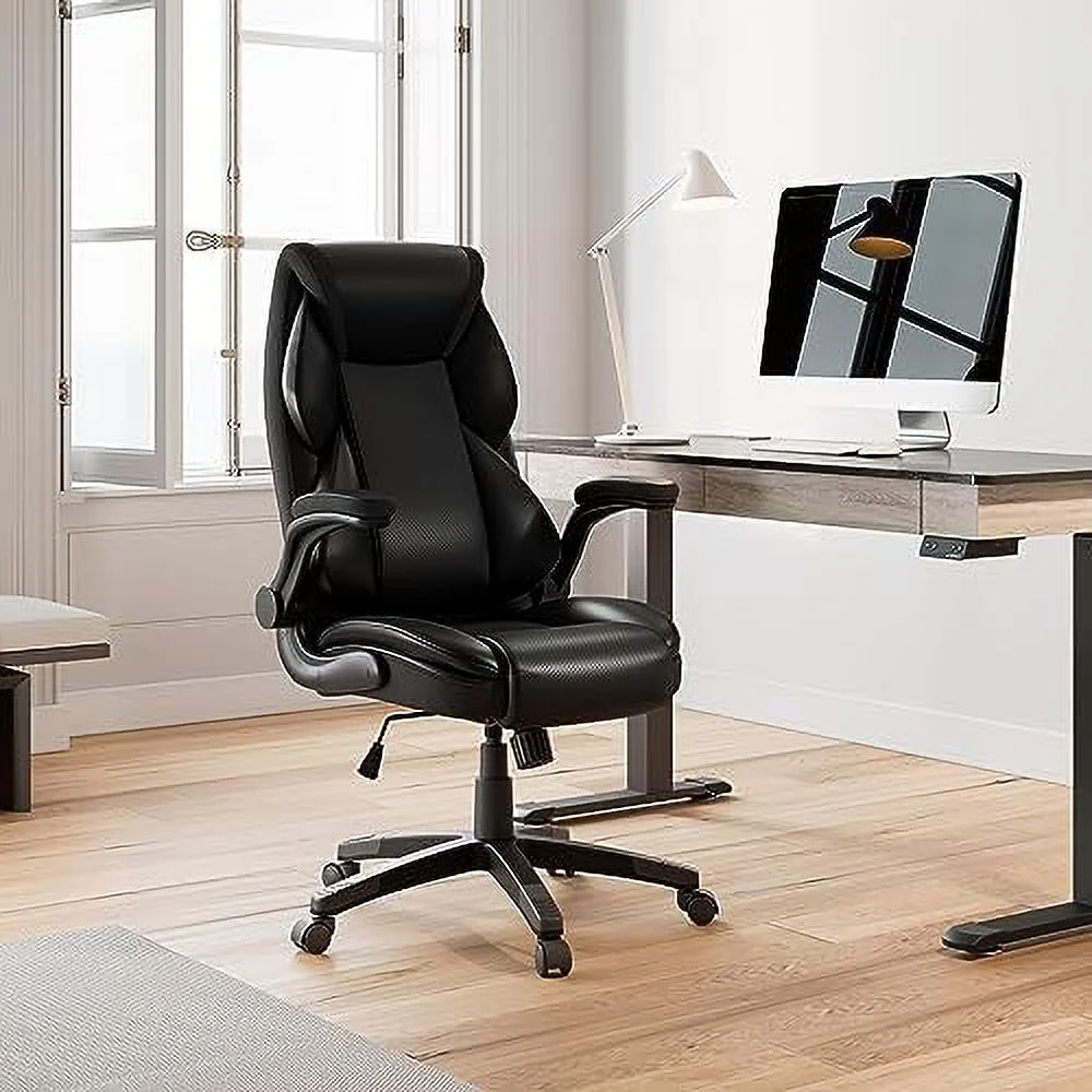 GEROBOOM ERGONOMIC Executive Office Chair Flip Up Arm   Leather Desk Chair Ergonomic Computer Chair  High Back Office Chair with Headrest  Home Office Desk Chairs with Wheels  Black