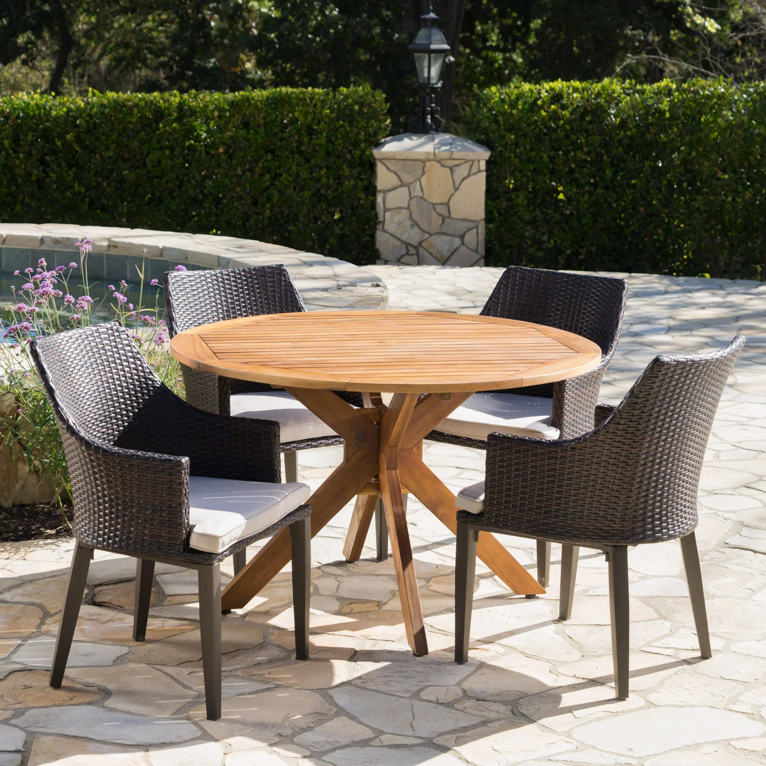 GDF Studio Linsey Outdoor Acacia Wood and Wicker 5 Piece Dining Set with Cushion, Teak and Multibrown