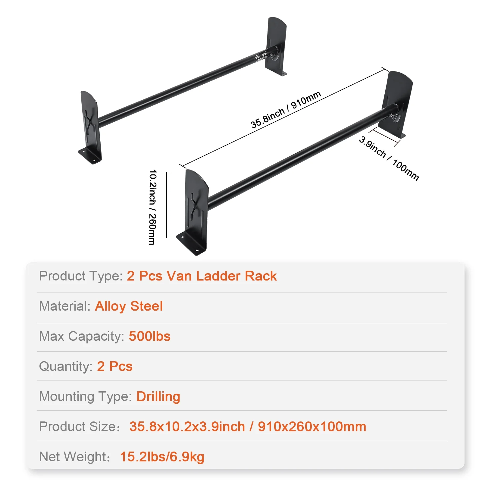 SKYSHALO 2 Bars Van Roof Ladder Rack 500 lbs Adjustable 35.8