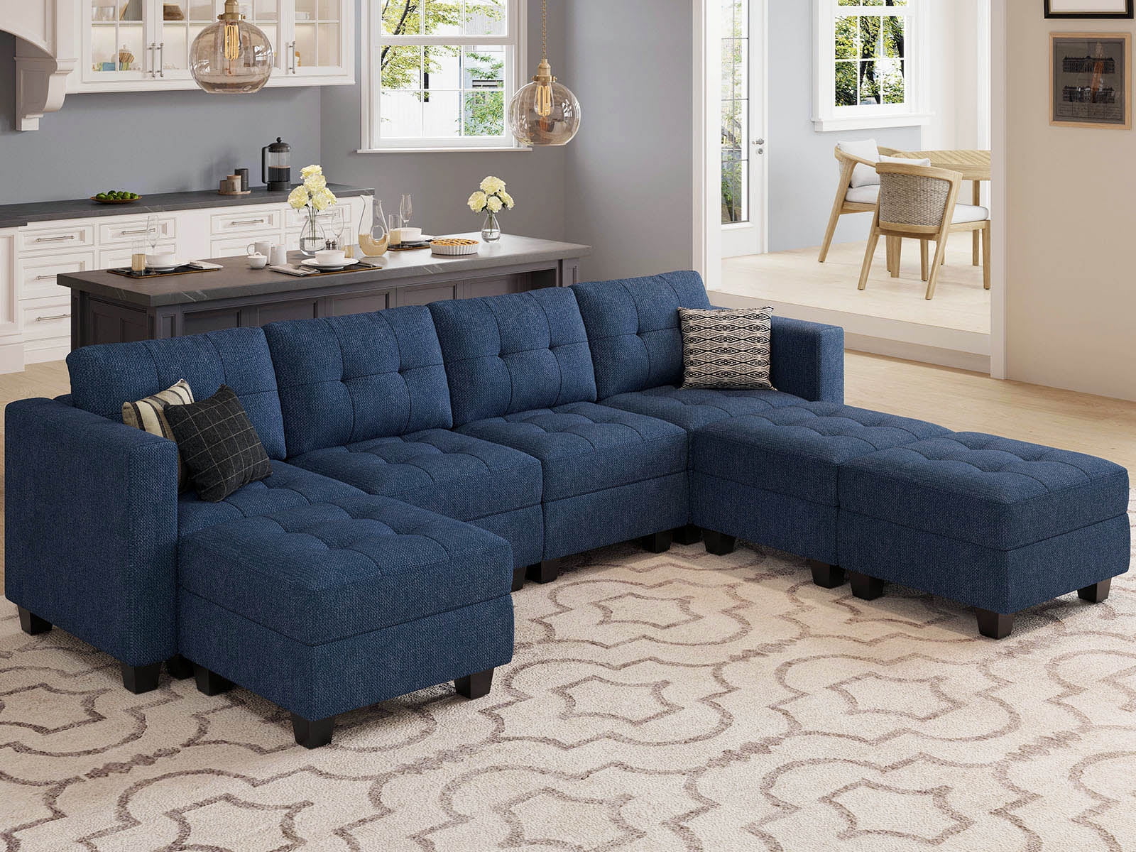Belffin Modular Storage U-Shape Sectional Sofa Couch with Reversible Chaises 7-seat Sofa with Storage Seat Modular Sectional Sofa Set with Ottomans Modern Fabric Blue