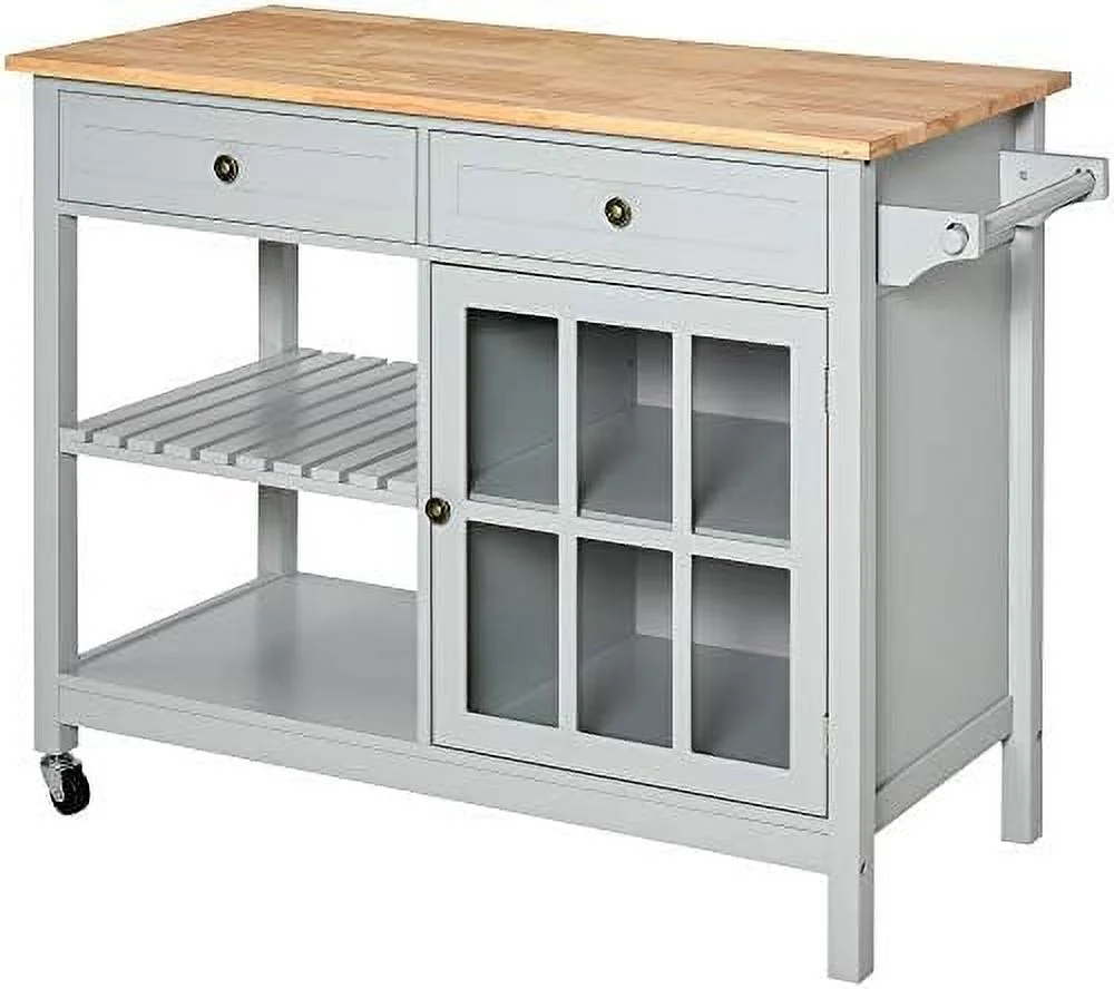 ZFGSUIJN Rolling Kitchen Island with   Kitchen Cart with Solid Wood Top  Glass Door Cabinet  Adjustable   Towel Rack  2 Drawers for Dining Room  Gray