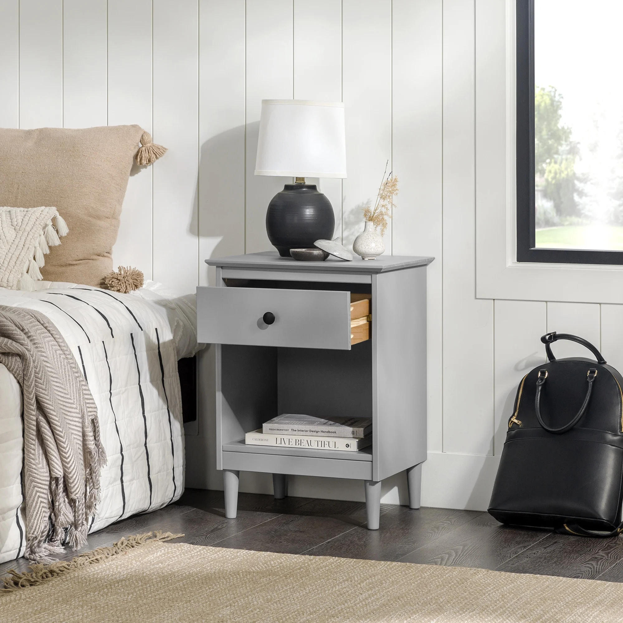 Walker Edison 25” Transitional 1-Drawer Solid Wood Nightstand, Grey