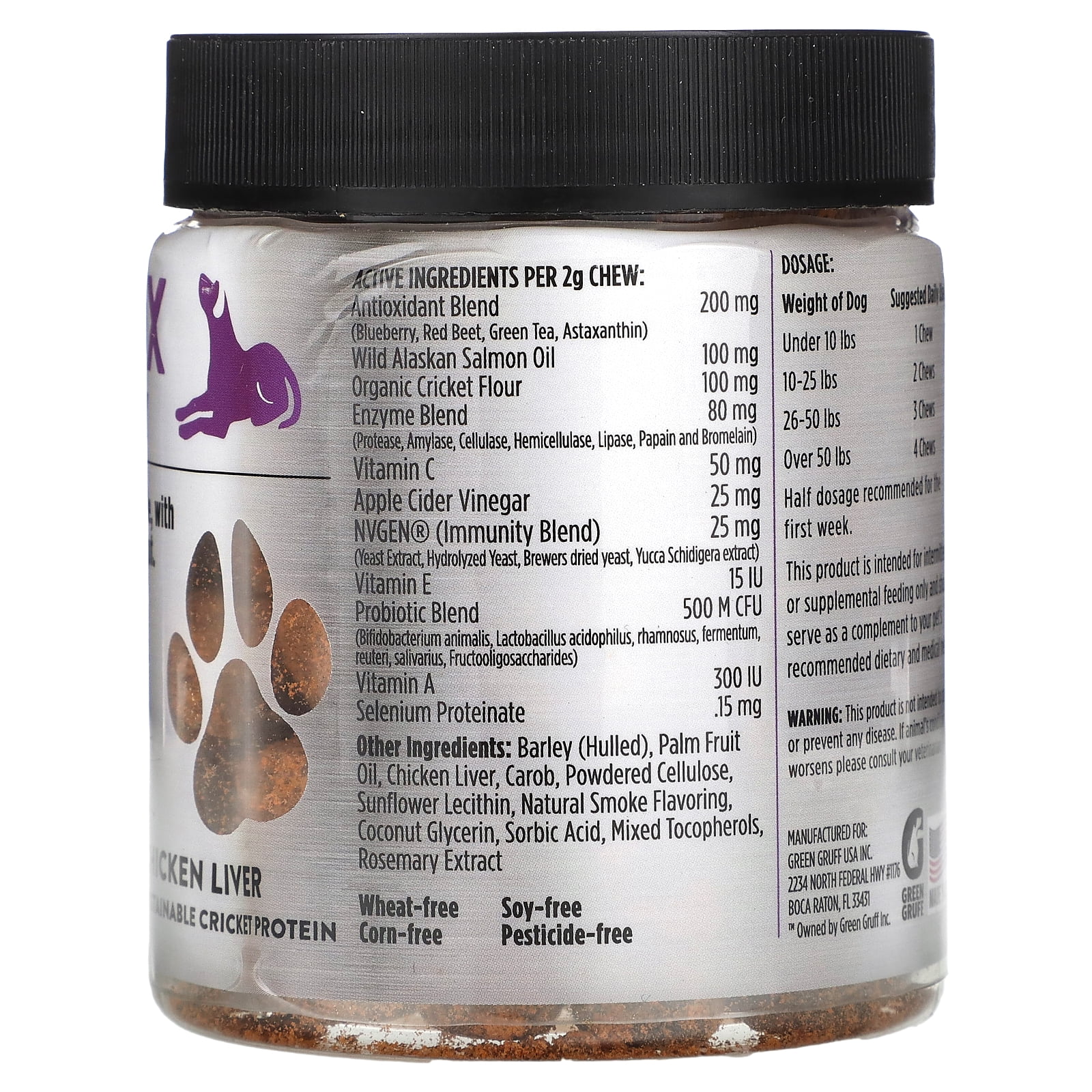 Green Gruff Dog Probiotics & Digestive Enzymes - Organic Dog Immune Supplement with Protein, Multivitamin & Omega 3 Fish Oil for Dogs - Made in USA - Dog Allergy Relief - Canine Probiotic - 90 Chews