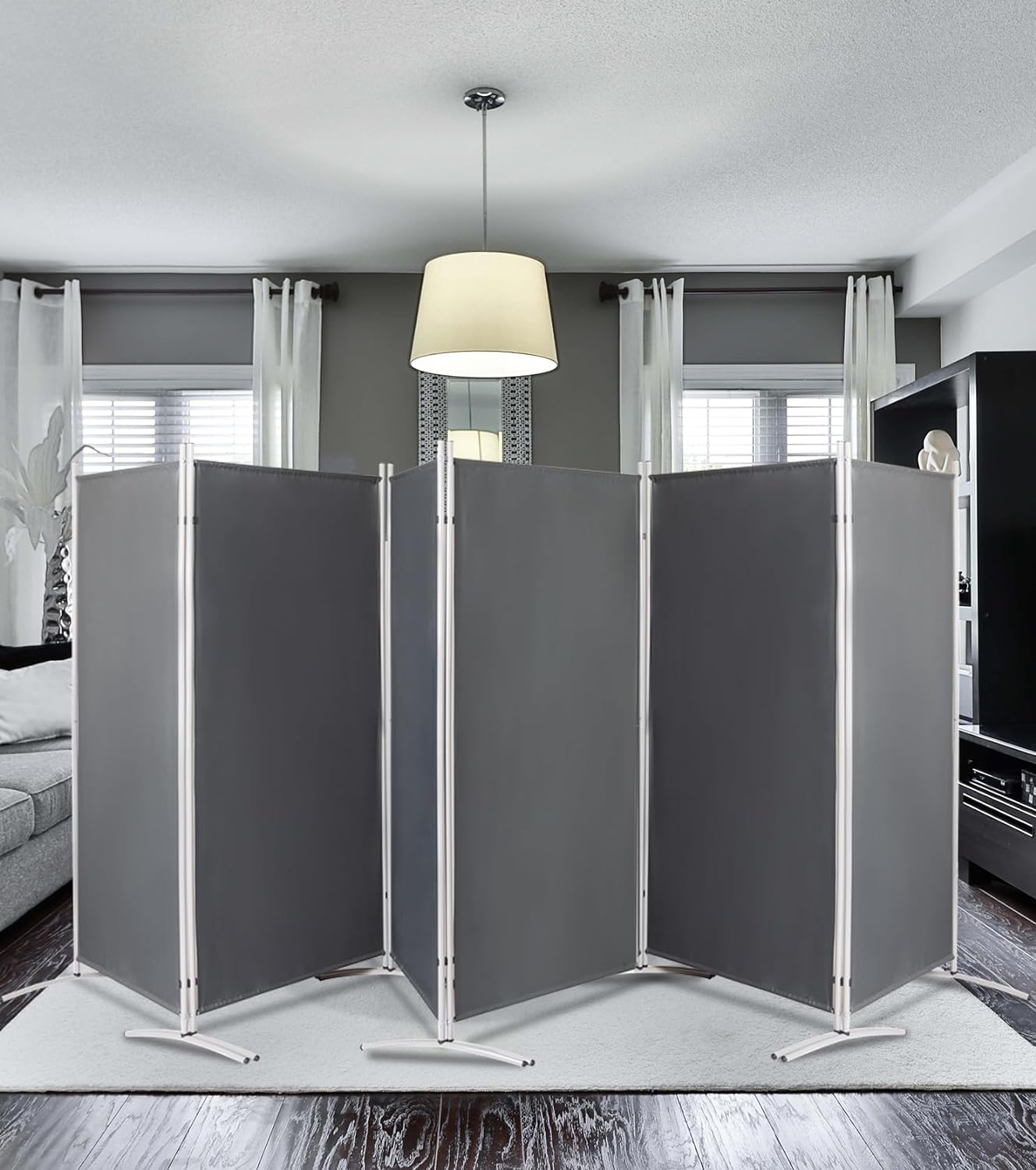 6 Panels Room Divider 6 FT Tall Weave Material Room Divider, Double Hinged Folding Privacy Screens, Freestanding Room Dividers, Grey