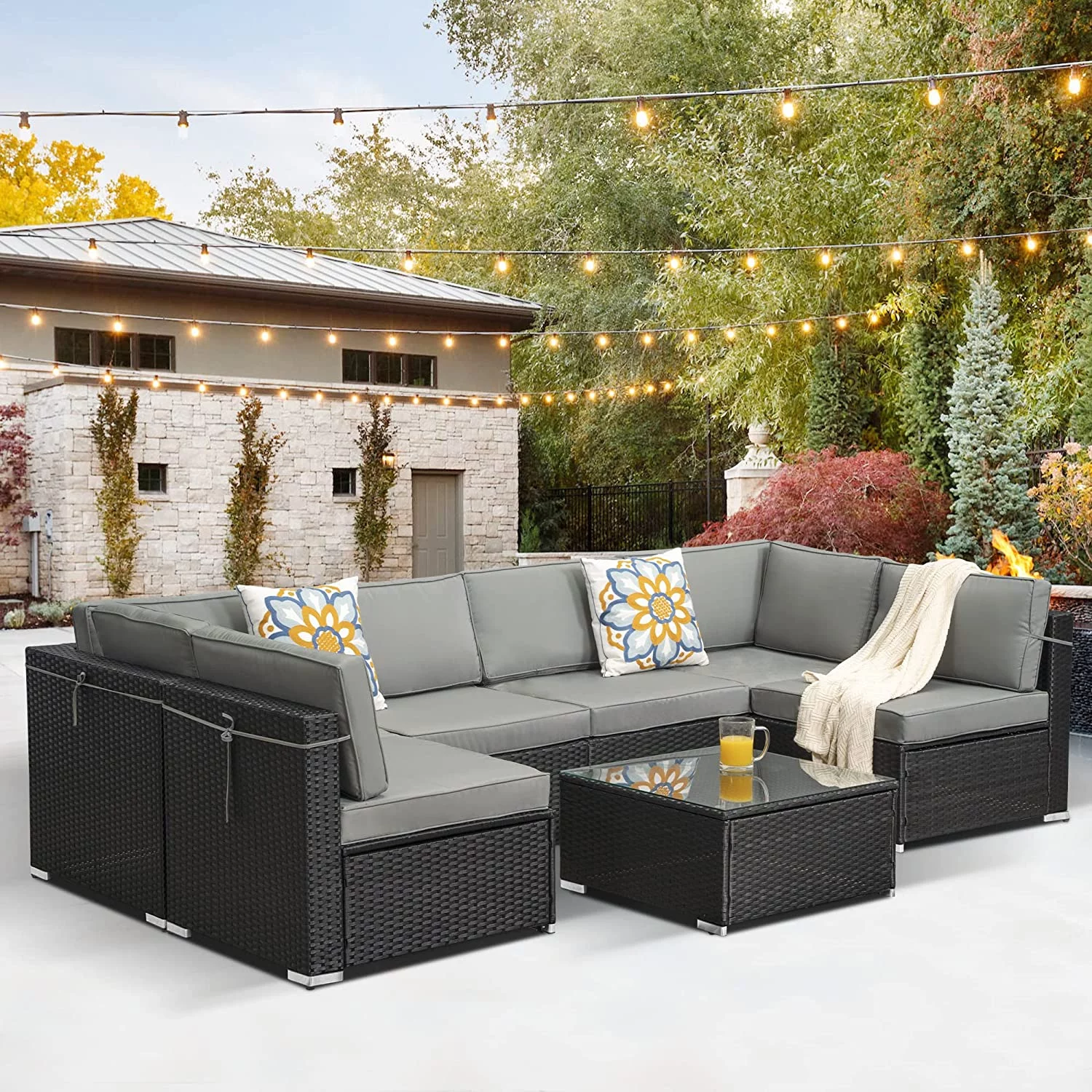 SUNVIVI OUTDOOR 7 Pieces Outdoor Patio Furniture Sets Wicker Sectional Sofa All-Weather PE Rattan Conversation Sets with Anti-slip Cushion