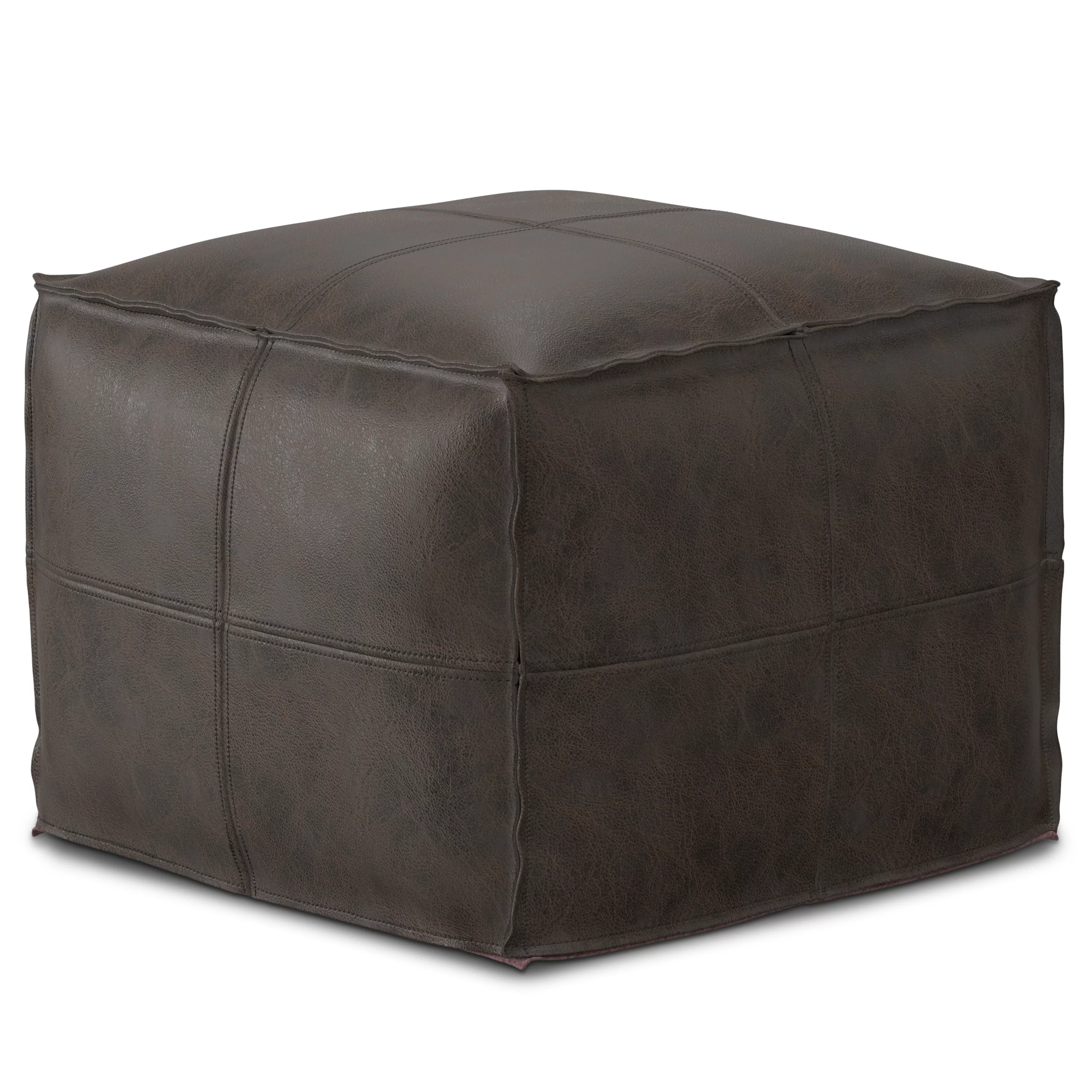 Simpli Home Sheffield Boho Square Pouf in Distressed Dark Brown Leather