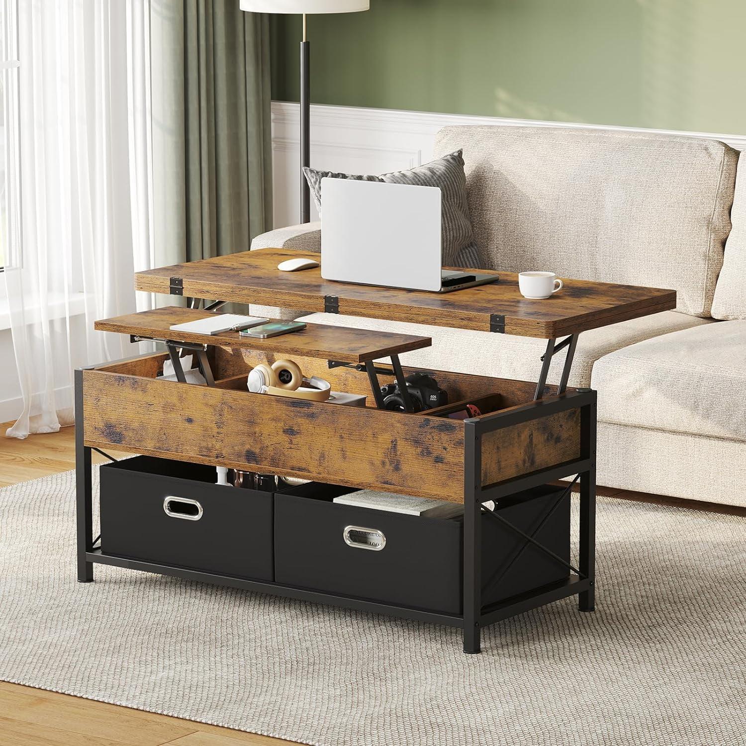 Lift Top Coffee Table Convertible Multi-Function Dining Table with 2 Drawers&Storage Compartment for Living Room Reception, 4 in 1, Rustic Brown