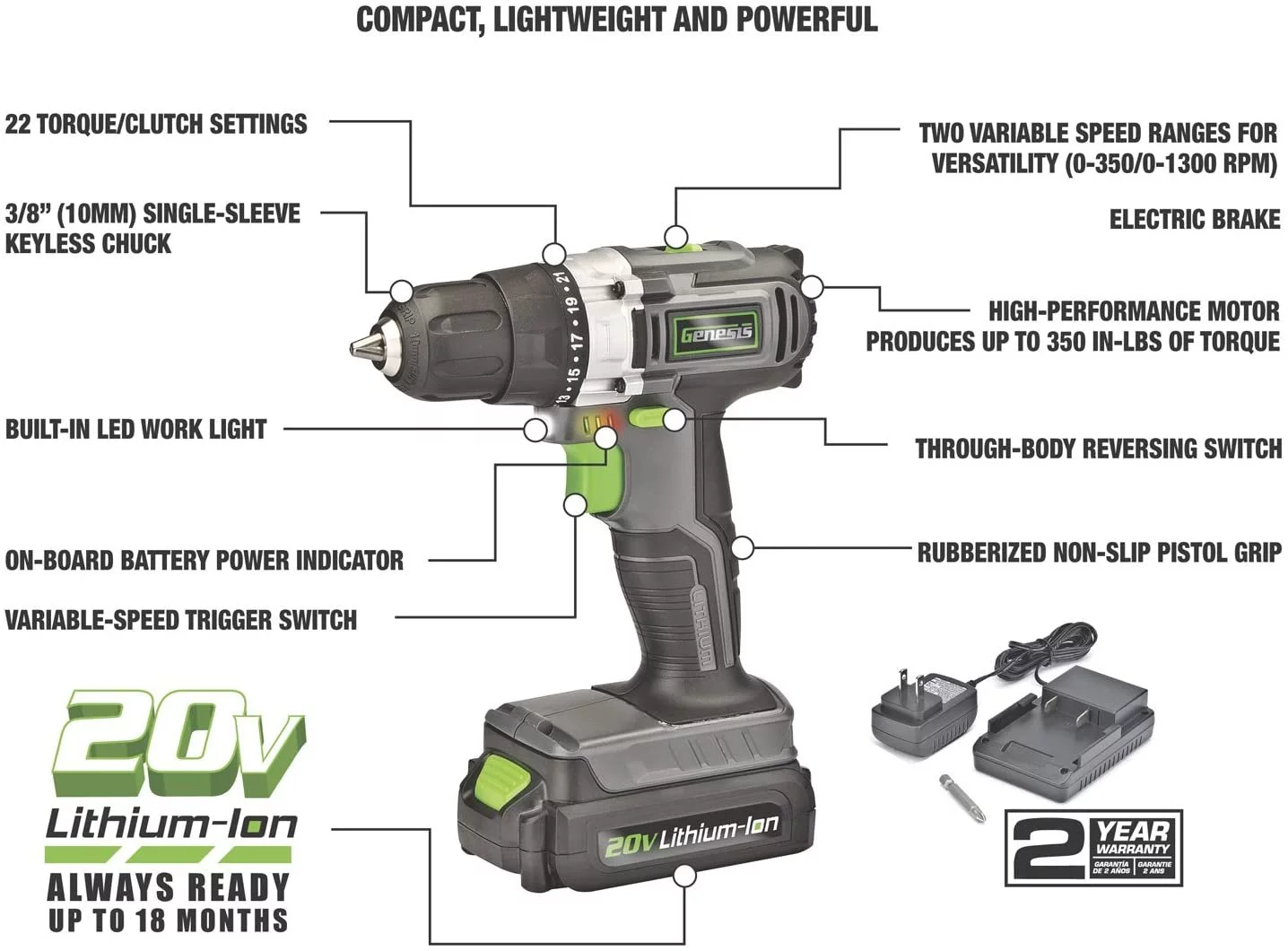 Genesis GLCD2038A 20V Lithium-ion Battery-Powered Cordless Variable Speed Drill Driver with 3/8