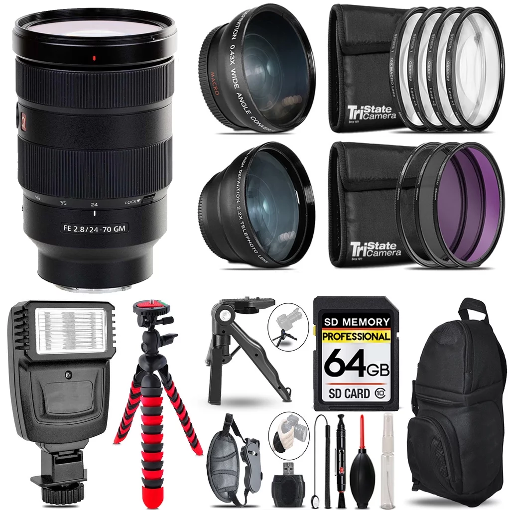 Sony FE 24-70mm f/2.8 GM Lens -3 Lens Kit + Slave Flash + Tripod - 64GB Accessory Bundle