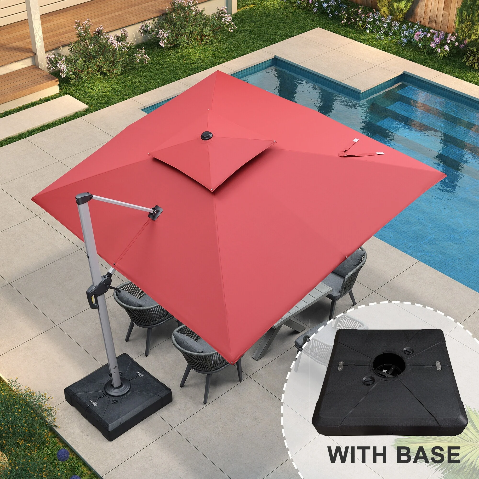 PURPLE LEAF  9 x 11ft Outdoor Rectangle Large Cantilever Umbrella with Base Terre red