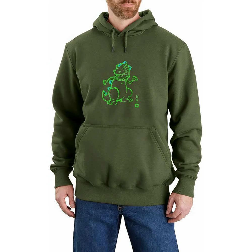 FLORID Rick and Morty Hoodie Men's Pullover Hooded Pocket (Olive Green) Hand Drawn Dinosaur Army Green