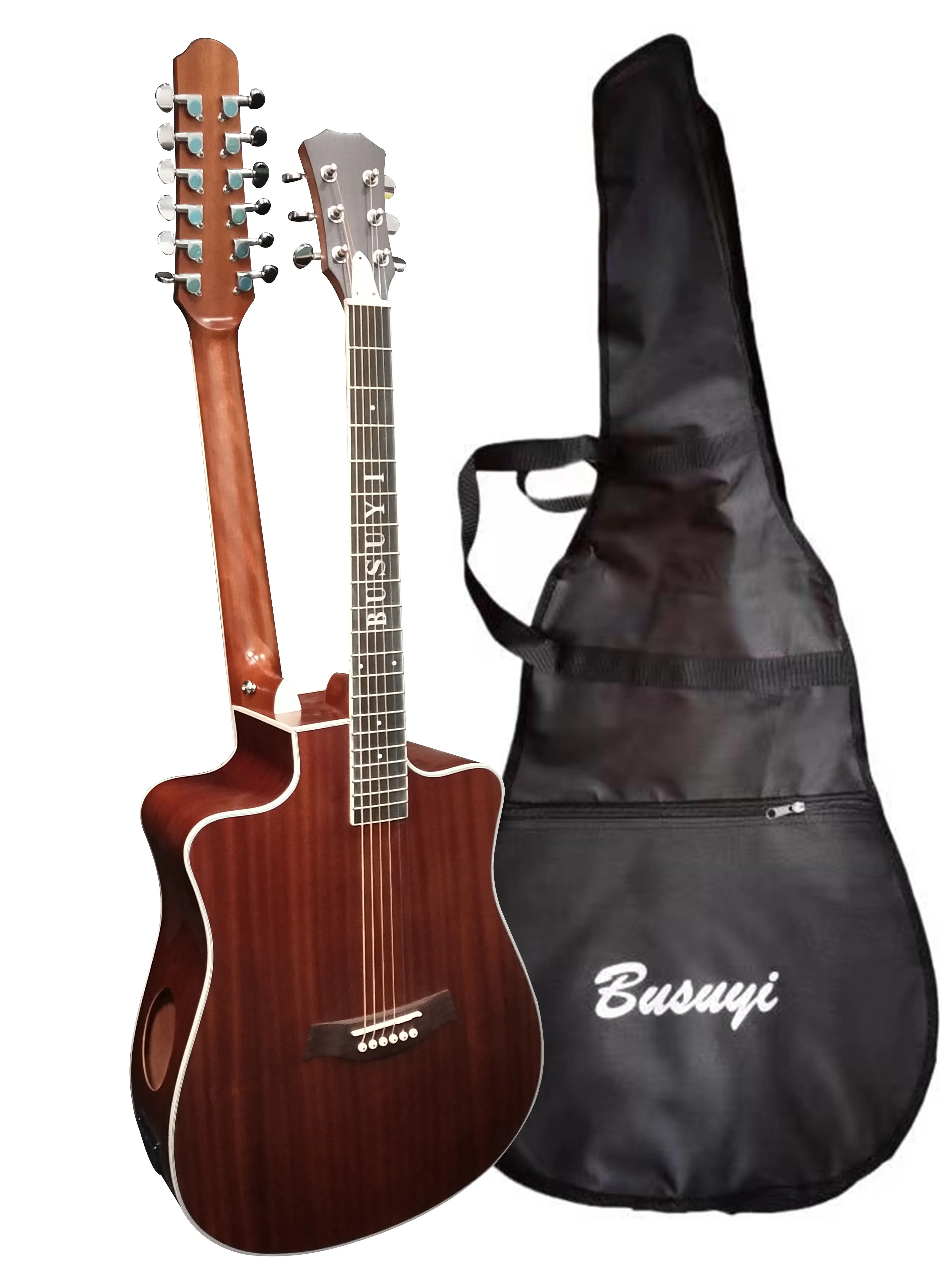 12 String Acoustic / 6 String Acoustic, Double Sided, Travel, Dreadnought , Busuyi Guitar, (Brown) All Levels