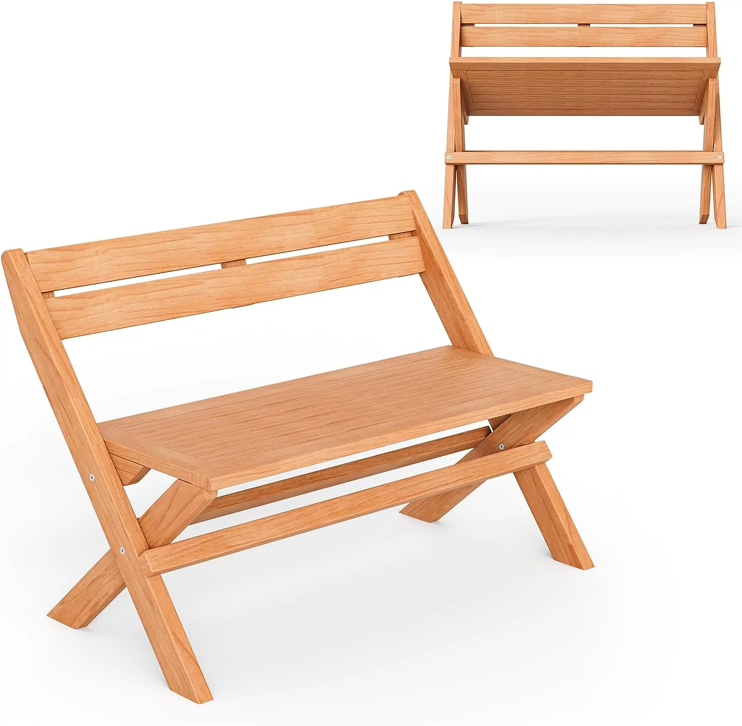 Wood Outdoor Bench S - 2-Person S Garden Bench with Solid Teak Wood Structure, Natural Appearance, Foldable Park Bench for S, Porch, Backyard, Poolside, Outside Bench Seat