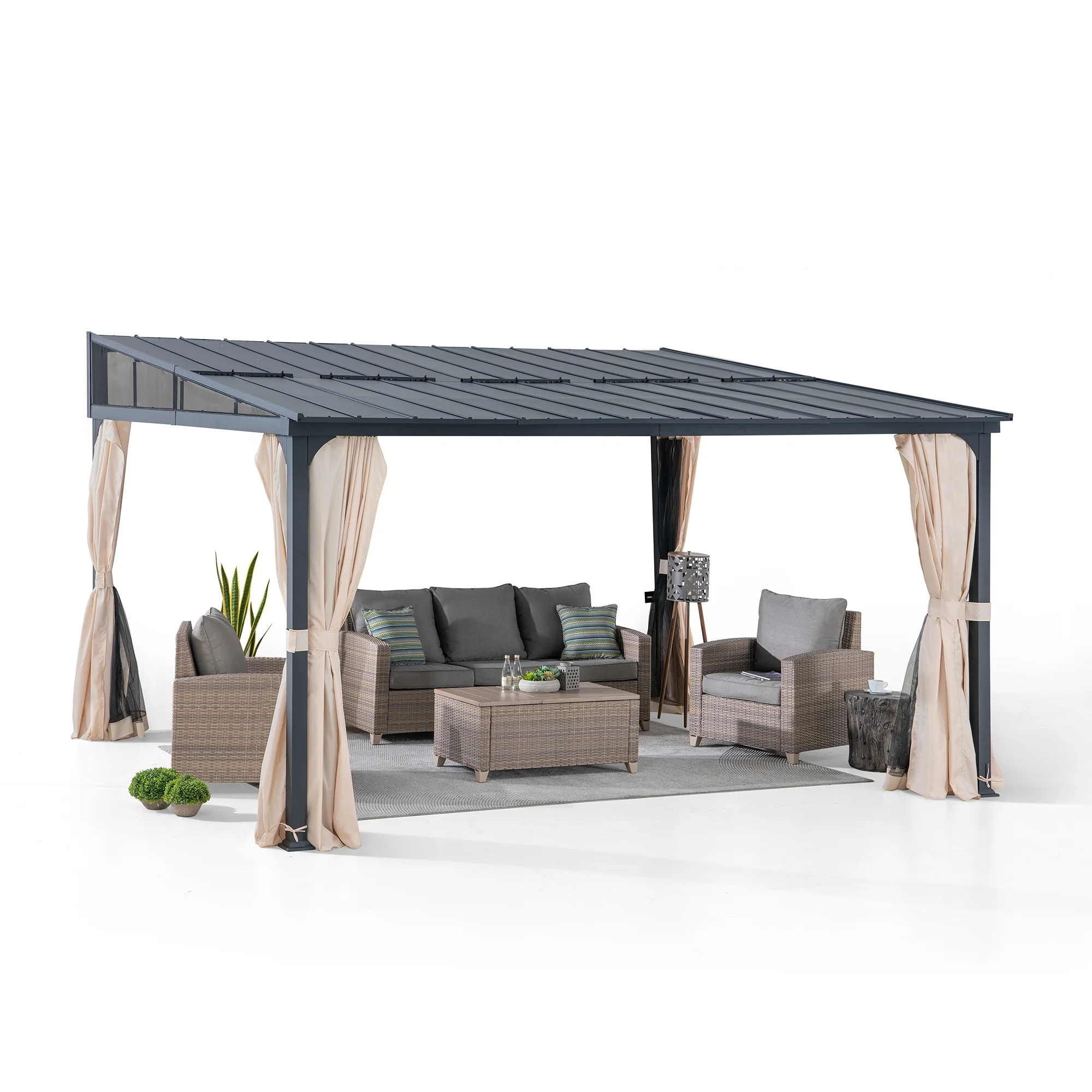 Sunjoy 12’ x 14’ Wall Mounted Gazebo with Powder Coated Steel Roof, Black Aluminum & Metal Frame Lean to Gazebo with Curtains and Netting