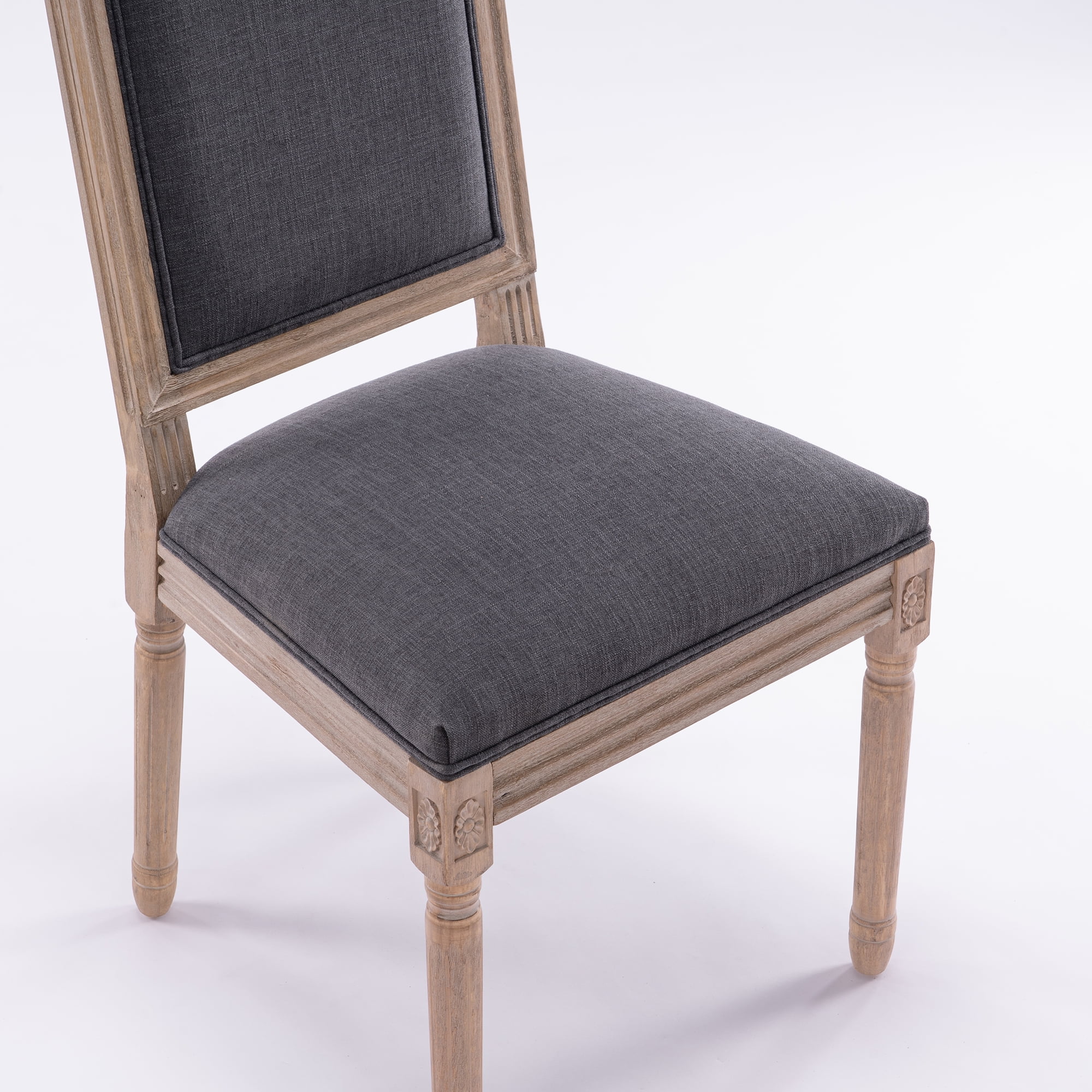 French Style Solid Wood Frame Antique Painting Linen Fabric Square Back Dining Chair,Set of 2,grey