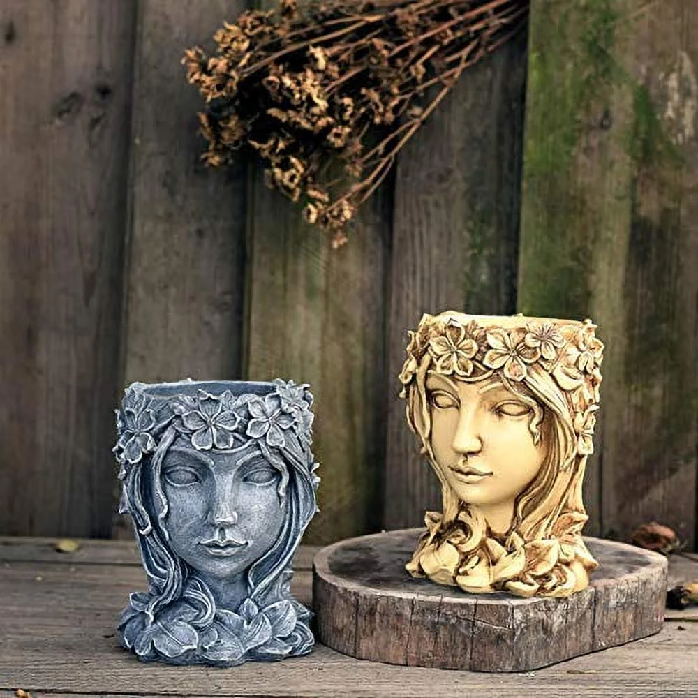 Creative Goddess Head Planter Statue | 7.9 Inch Premium Resin | Cool Face Large Diameter Flower Pot for Patio Lawn Garden Yard Decor