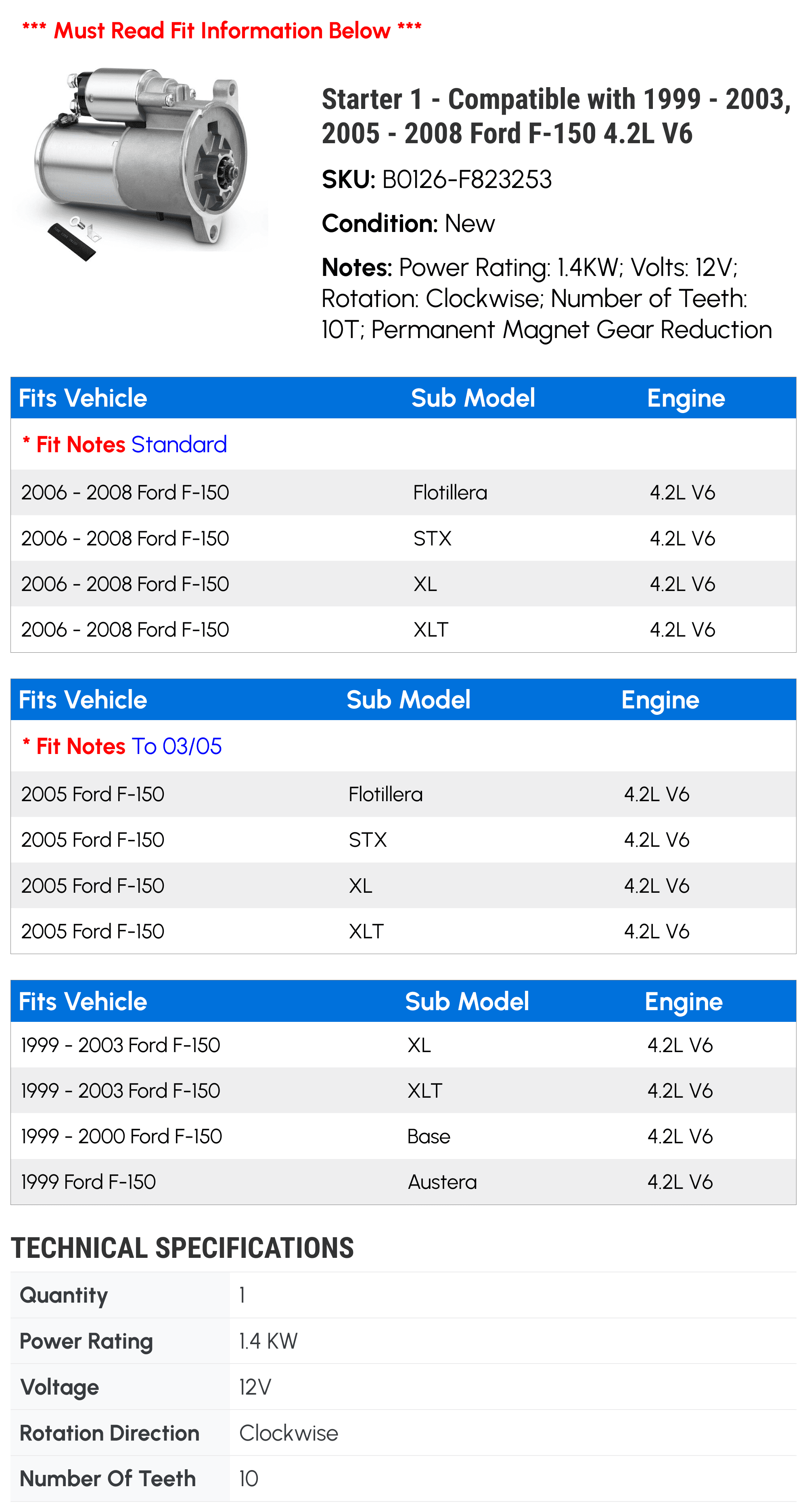 Starter 1 - Compatible with 1999 - 2003, 2005 - 2008 Ford F-150 4.2L V6 2000 2001 2002 2006 2007