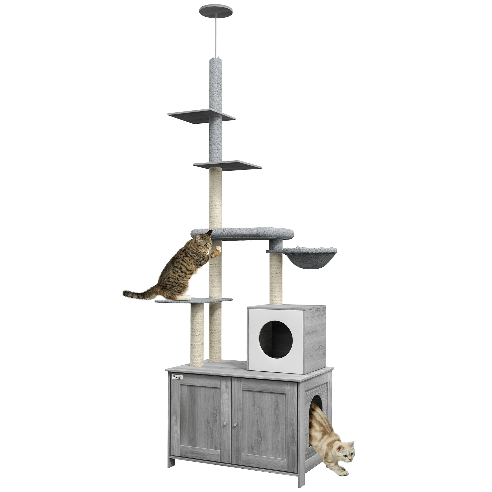 PawHut 2 in 1 Litter Box Enclosure with Floor to Ceiling Cat Tree, Gray