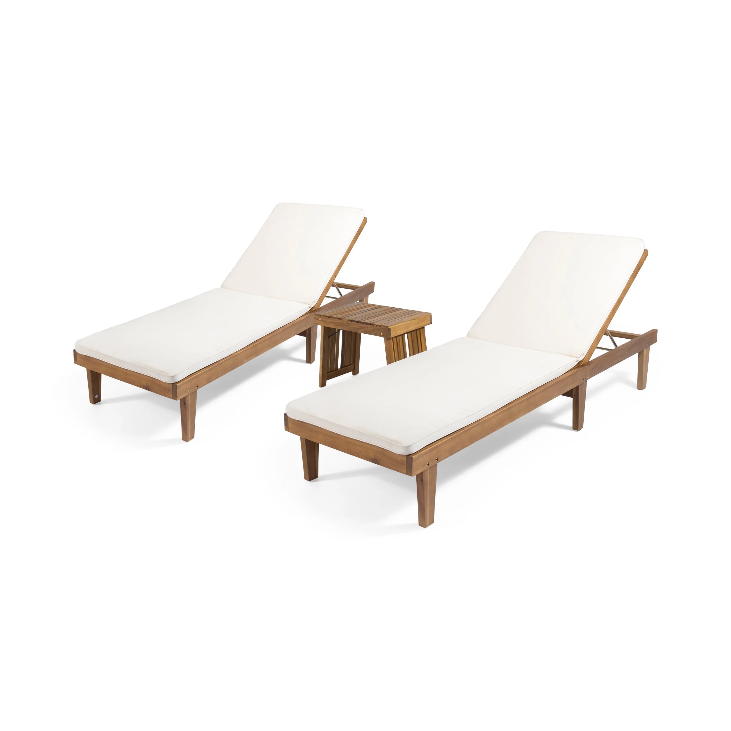 GDF Studio Teresa Outdoor Acacia Wood 3 Piece Adjustable Chaise Lounge Chat Set with Cushions, Teak and Cream