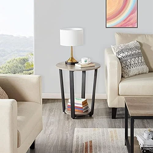 WTYNKAE Industrial Small Round End  for Living Room   2-Tier  Sofa Table with  Rack and Metal Frame for Small Spaces Office  Accent   Rustic Brown