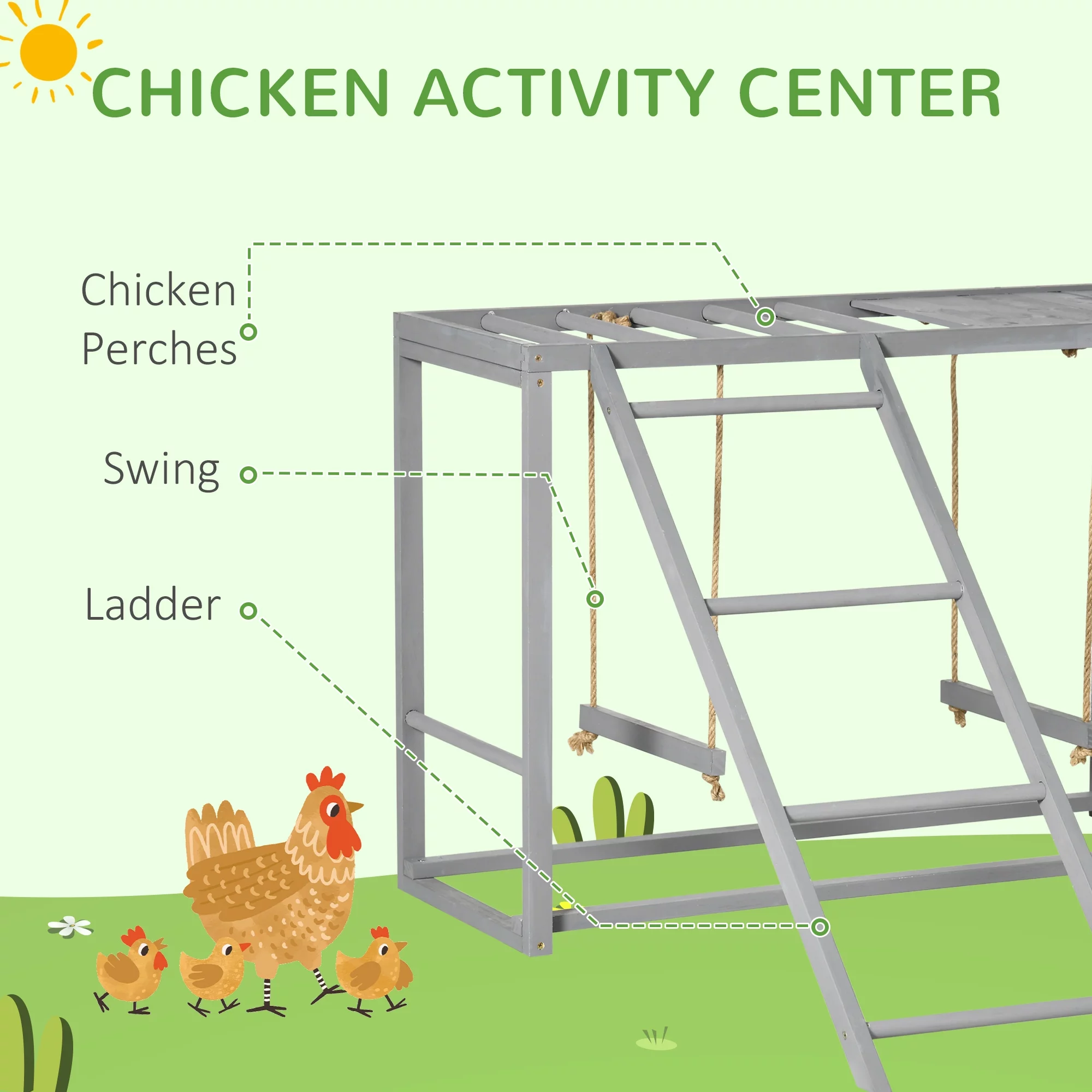 PawHut Wooden Chicken Activity Play w/ Swing Set, Chicken Coop Toy Gray