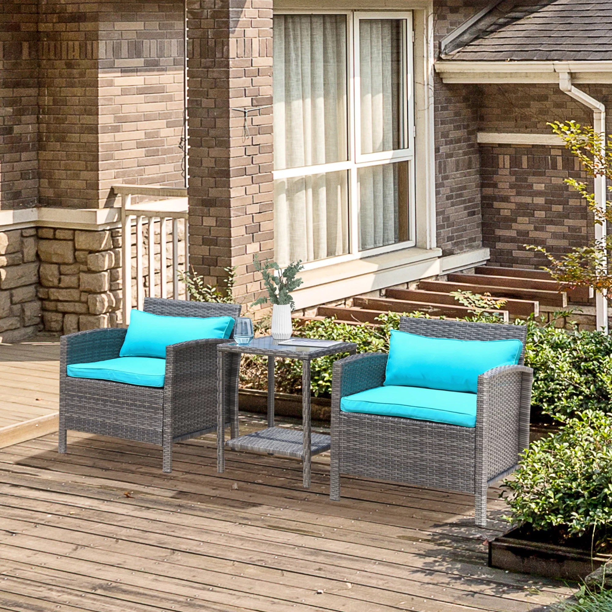 Outsunny 3pc Patio Furniture Set, Cushioned Wicker Chairs & Table, Green