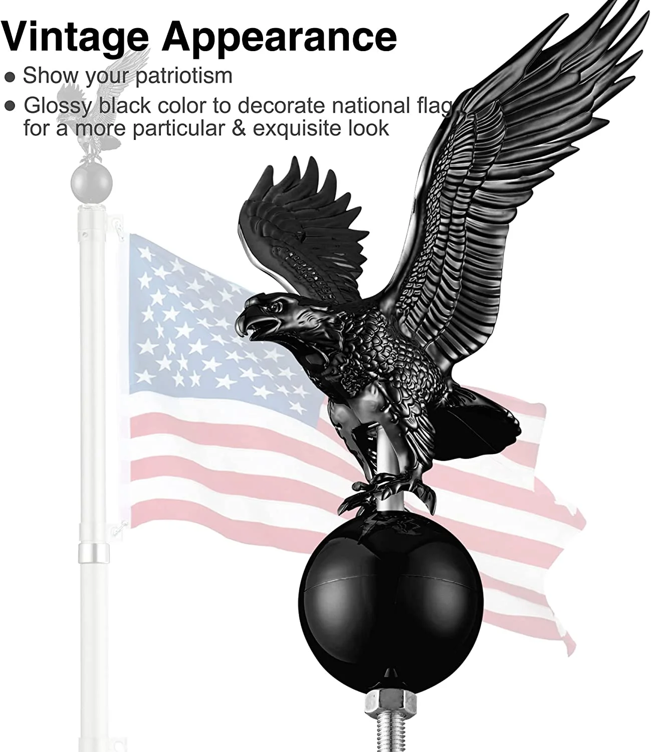 Black Eagle Topper for Telescopic Flagpole - Flagpole Finial Ornament Head for 20/25/30Ft Poles, Yard Outdoor Decoration