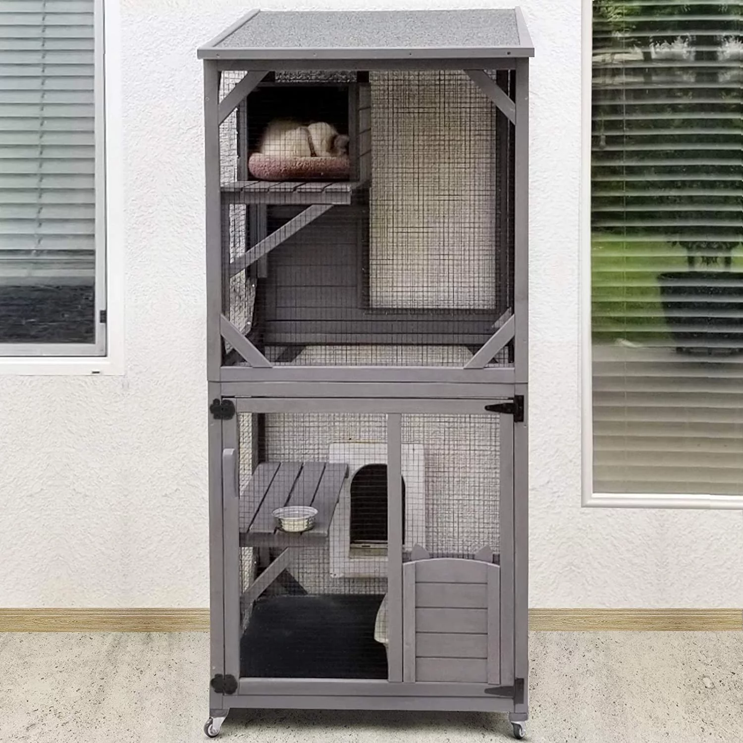 Cat House Outdoor Cage Cat Enclosure on Wheels,Large Wooden Kitty Catio with Resting Box,PVC Layer
