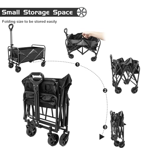 Collapsible Foldable Wagon,Beach Wagon Cart Heavy Duty with Wheels Foldable,Utility Folding Grocery Wagon for Camping Sports Outdoor Activities(Black)