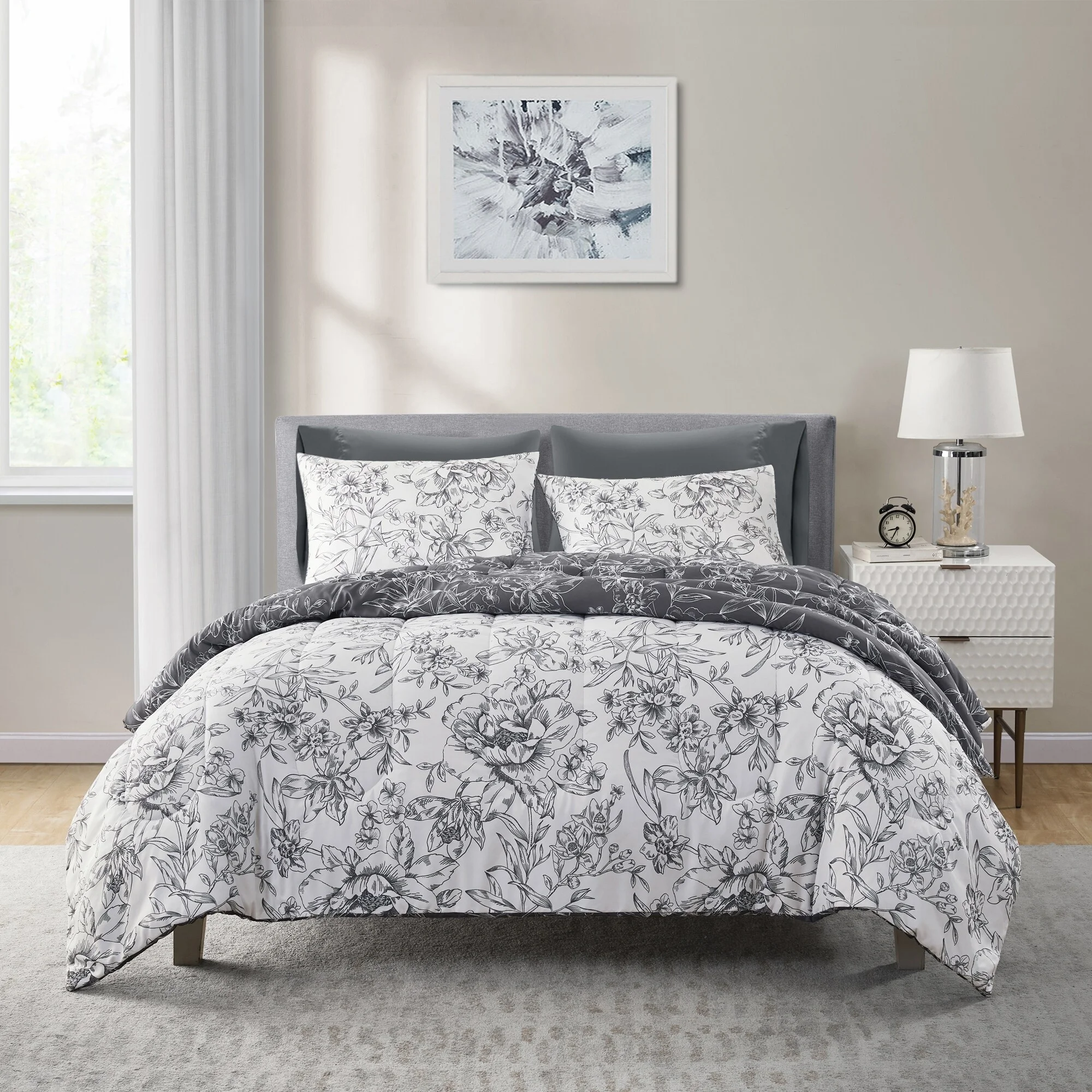 Beaute Living Wonderful Sophia 5-Piece Floral Pattern Comforter Set 21054 Black & White/7 Piece - King