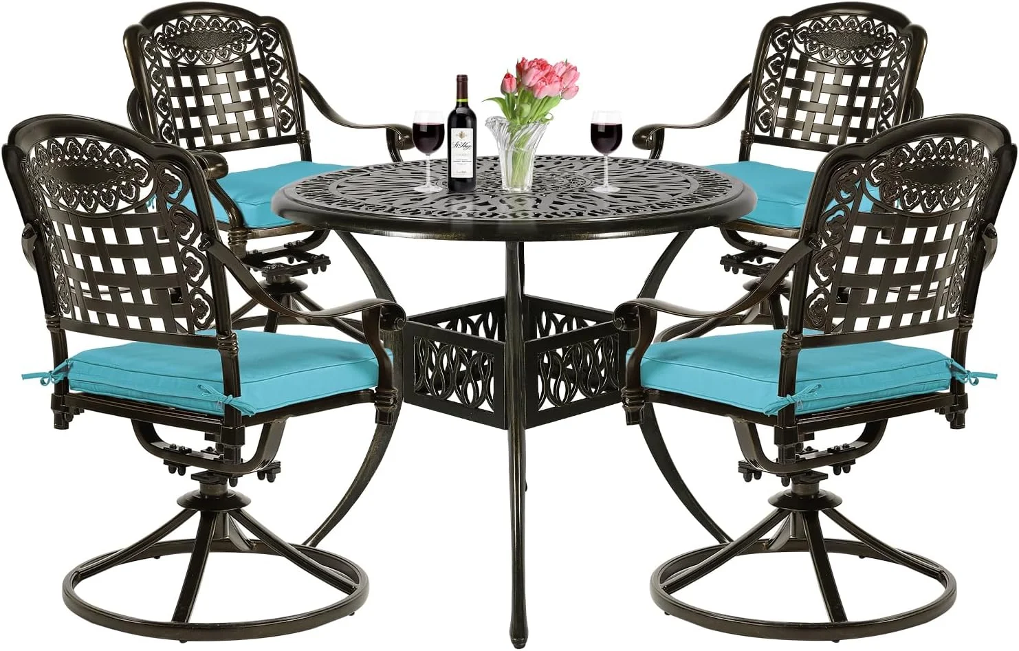 VIVIJASON 5-Piece Outdoor Patio Dining Set, All-Weather Cast Aluminum Conversation Set, Patio Furniture Set, Include 4 Swivel Cushioned Chairs, 1 Round Table w/Umbrella Hole, Ocean Blue Cushion